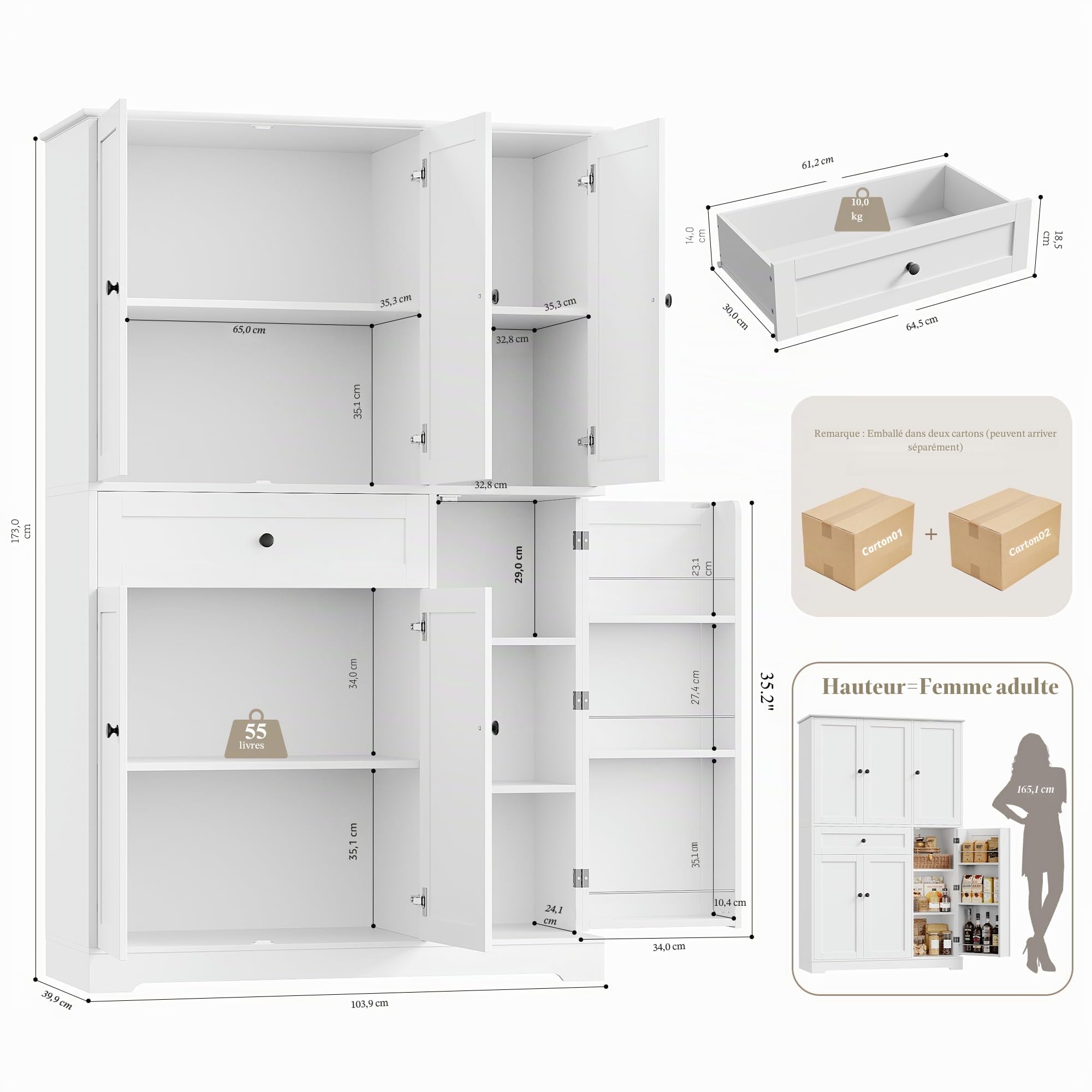 HOSTACK Armoire de Rangement Haute de 172 cm pour Cuisine et Garde-Manger, Meuble de Cuisine Moderne avec Portes et Étagères, Garde-Manger Autoportant avec Grand Tiroir de Rangement pour Salle à
