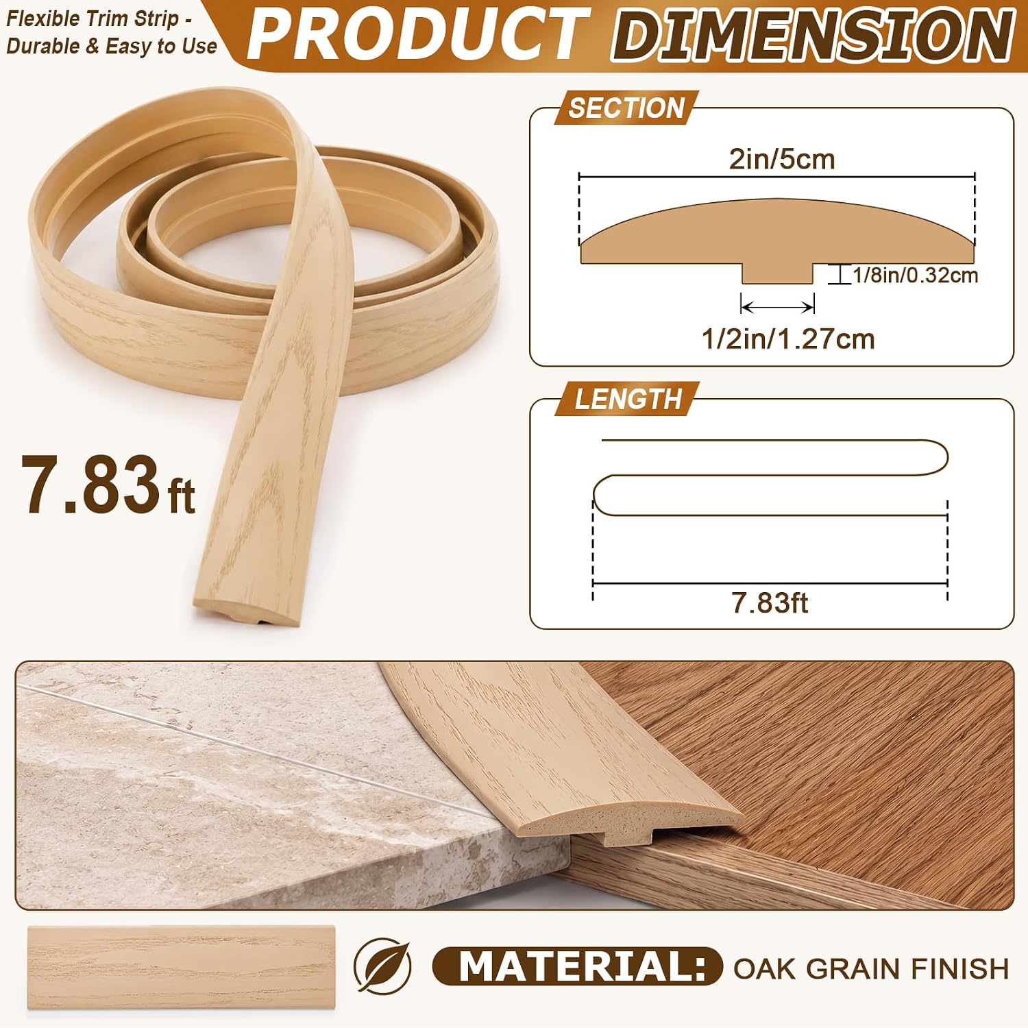 Novabright Flexible T Molding 2'' Wide x 94'' Long with Oak Grain Texture Polyurethane Trim, Paintable Interior Exterior Window Door Mirror Frame Decor