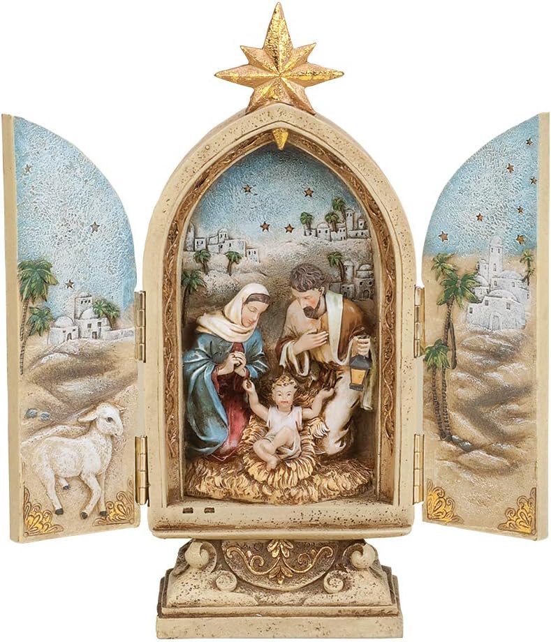 Joseph's Studio by Roman - Nativity Triptych, Holy Family with Star, Renaissance Collection, 10" H, Resin and Stone, Openwork Doors, Gold, Decorative Figure