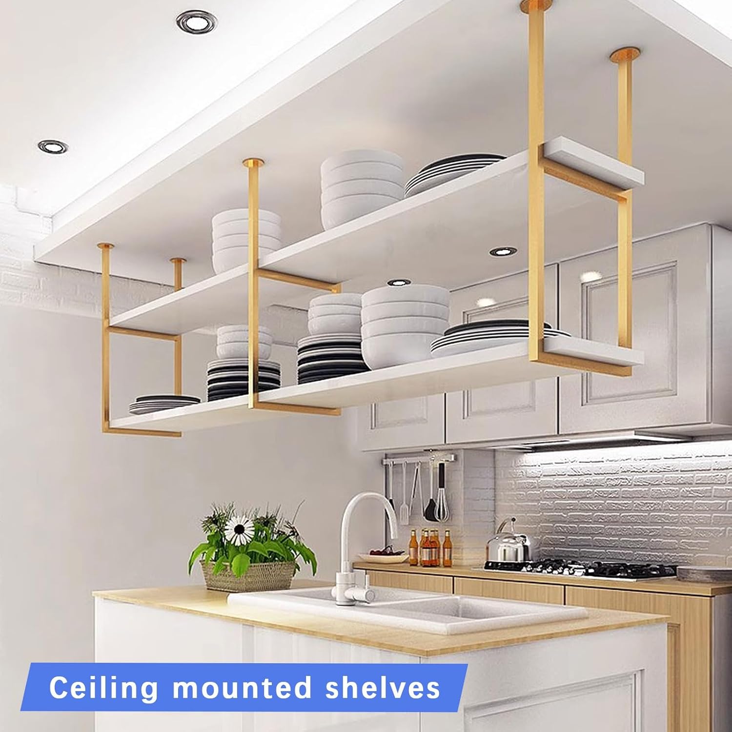 Ceiling-Mounted Floating Shelves 2-Tier Wood Wall Decor Storage Rack for Kitchen Bars Gold Pot Rack Wine Holder Plant Supports - Stylish & Functional Home nization