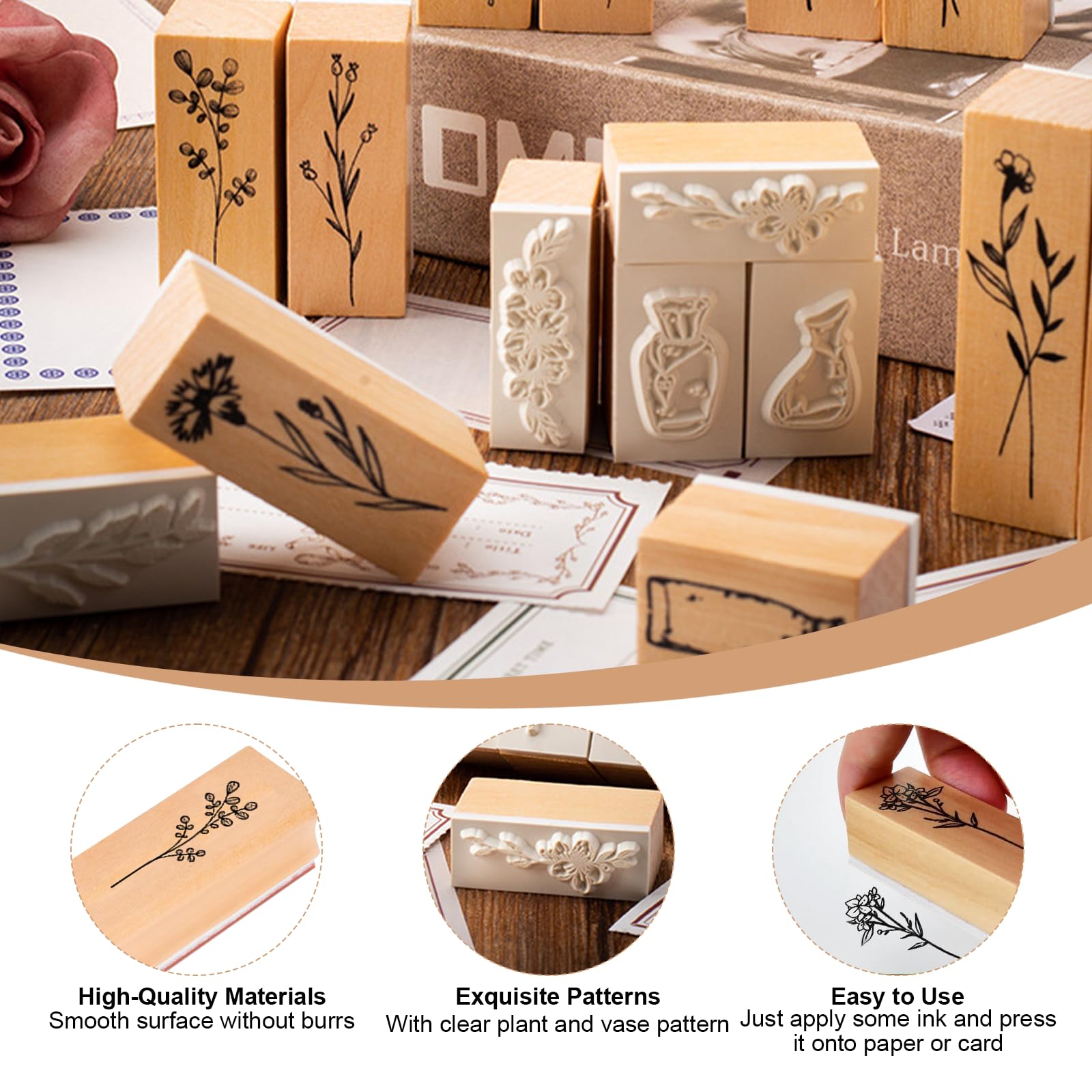 8 Piezas Madera Sellos,Goma Juego Sellos Flores Árboles Retro Personalizado Sellos Patrones Botánicos Sellos Entintado Manualidades,para Álbumes Recortes Diseño Tarjetas Pequeñas