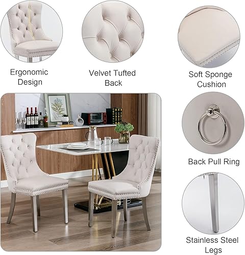 Miniatura 7 de Juego de 6 mesas de comedor extensibles de 62.99 a 78.74 pulgadas, mesa de comedor blanca y 6 sillas de comedor de terciopelo beige con patas