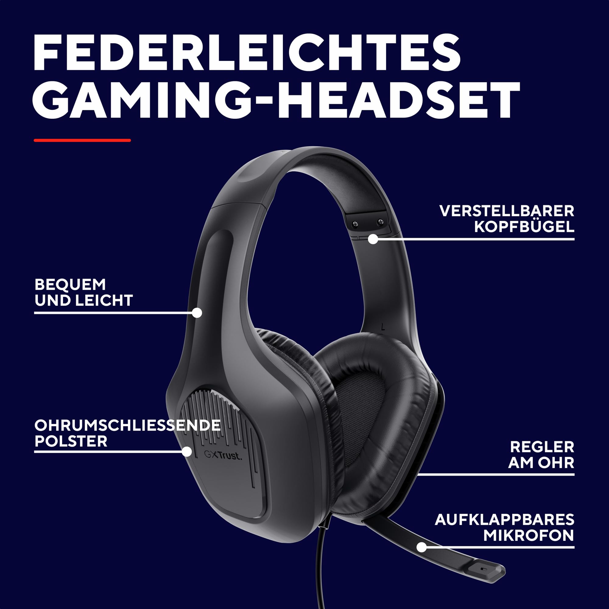 Trust Gaming GXT 418 Rayne Leichtes Gaming Headset für PC Xbox PS4 PS5 Switch Mobile, 50-mm-Treiber, 2-m-Kabel, 3,5-mm-Audioanschluss, Over-Ear Kopfhörer mit Kabel, Schwarz