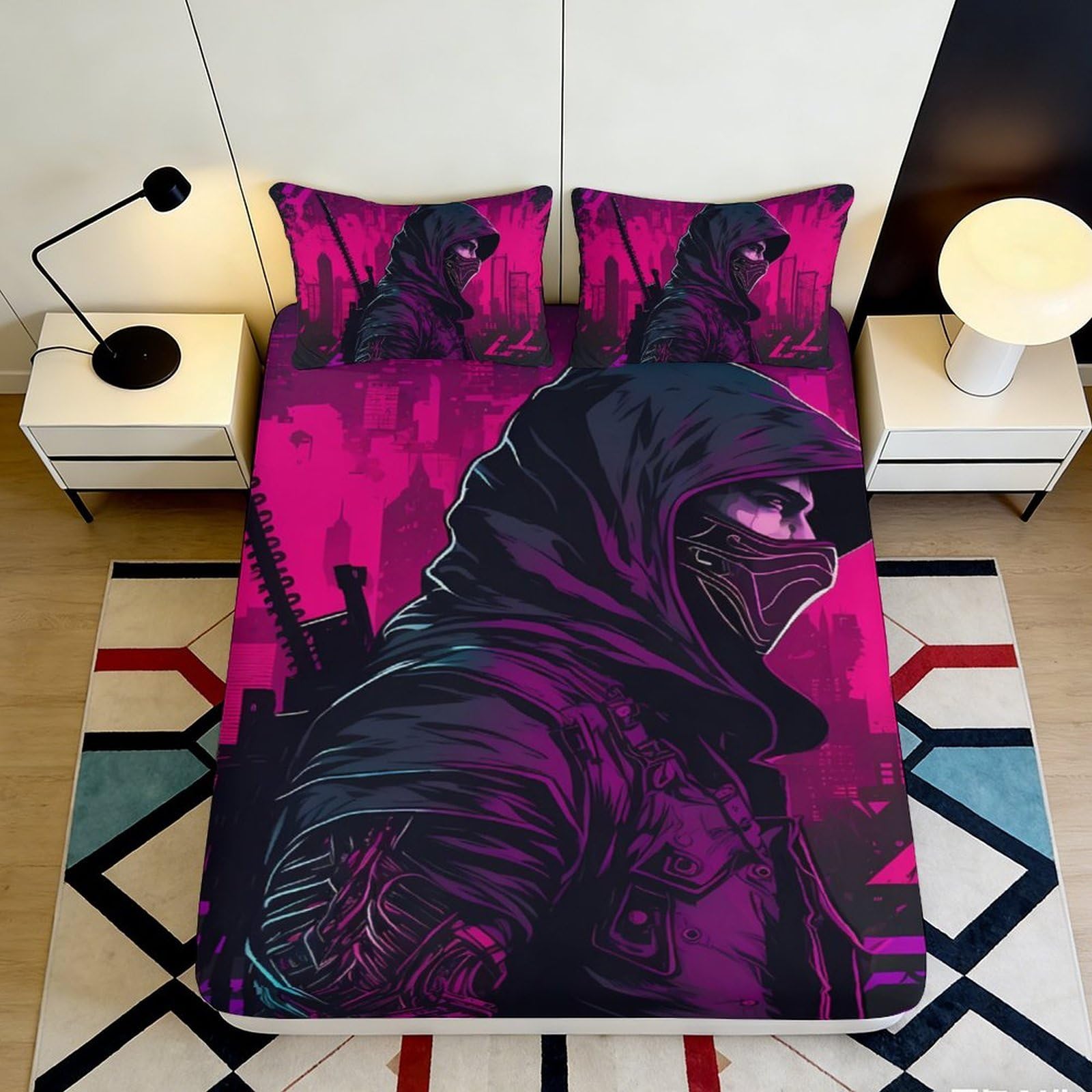 3D Printed Cyber Ninja Fitted Sheet Microfiber Soft Breathable Neon Graffiti Mattress Cover for Bedroom Dorm Decor 90x200x25cm