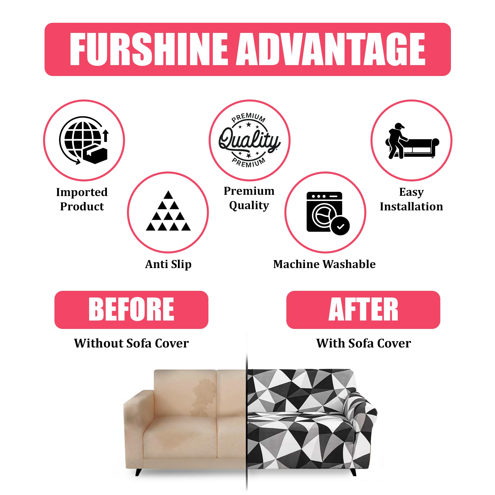 Furshine Sofa Cover 3 Seater and 2 Seater Fully Covered Universal 5 Seater Sofa Cover Non-Slip Sticky Elastic Stretchable Sofa Set Imported Slipcover Protector Black Prism, Five Seater(3+1+1) 1