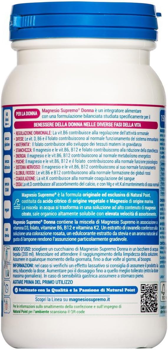 Magnesio Supremo DONNA 450 gr totali - Integratore di Magnesio in Polvere con Vitamine B6 B9 B12 D3 K2 - Stanchezza, Sistema Nervoso, Ossa - Senza Glutine e Lattosio, Vegan OK