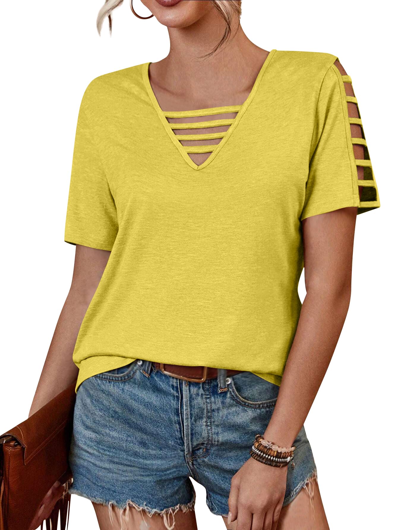 Womens' Summer Top, Solid Color Hollow Out Short Sleeve Casual V Neck T-Shirt Large Yellow
