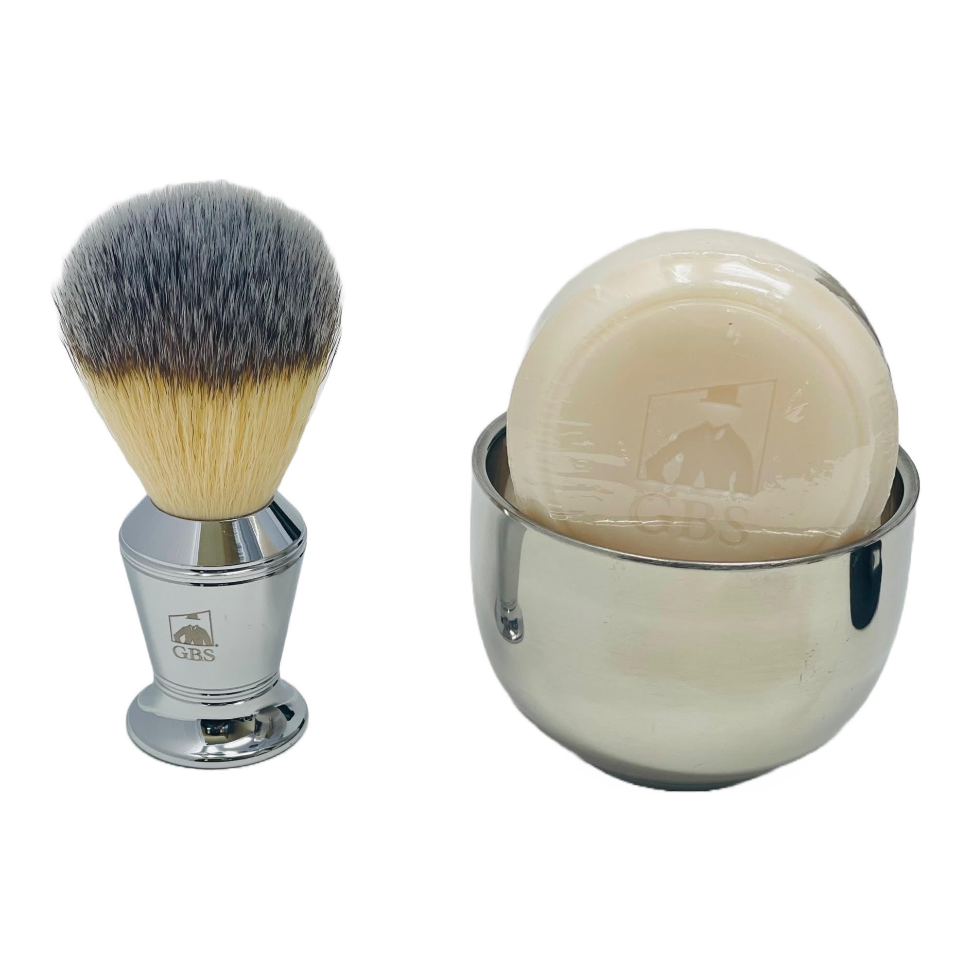 G.B.S Kit da viaggio deluxe da uomo, rasoio di sicurezza a farfalla a doppio bordo, spazzola da barba cromata, portasapone, sapone da barba naturale con blocco di alluminio, borsa da toilette in rete