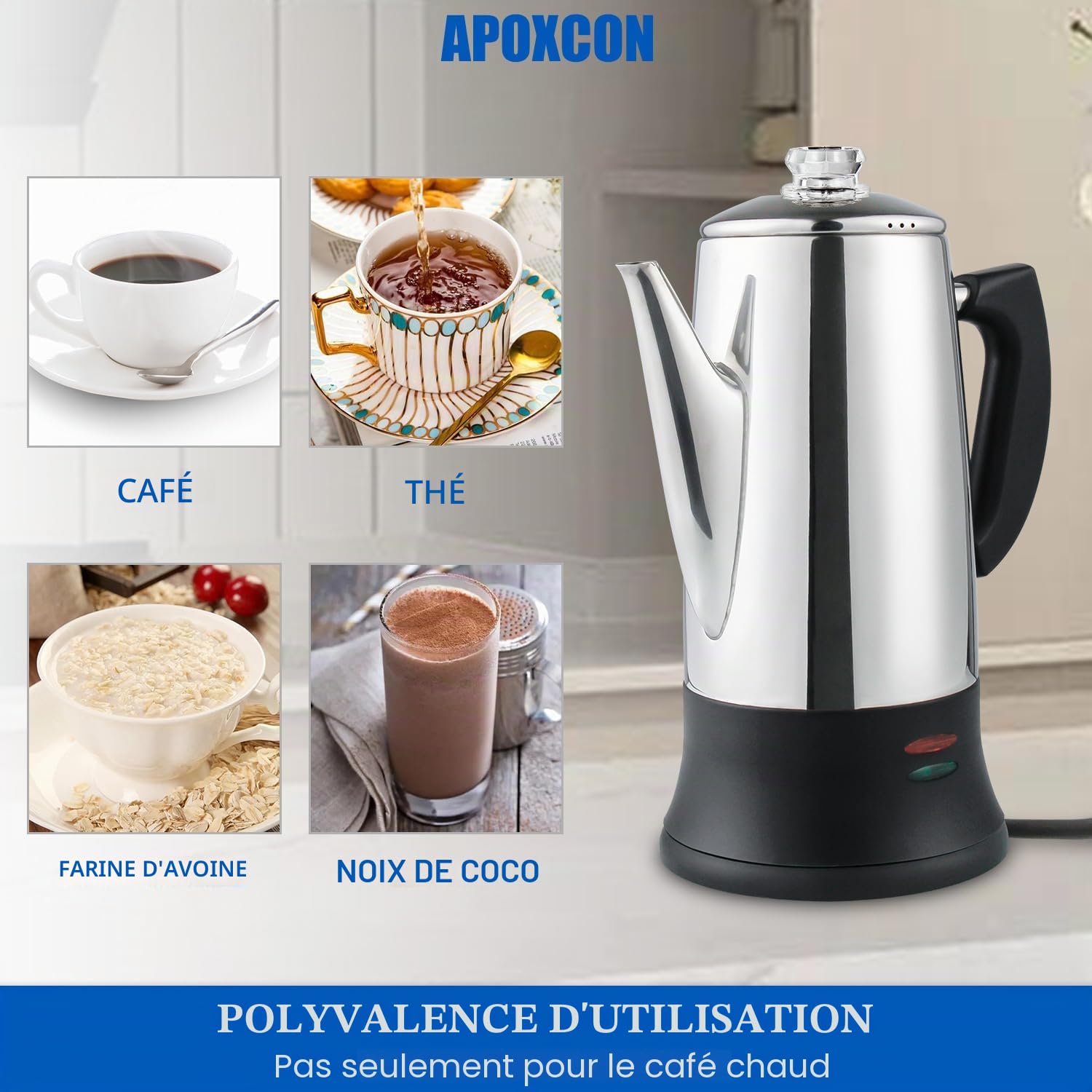 APOXCON Percolateur à café 12 tasses - Certifiée CE, cafetière classique avec fonction de service sans fil et couvercle résistant à la chaleur, Fonction de Maintien au Chaud 30 Min