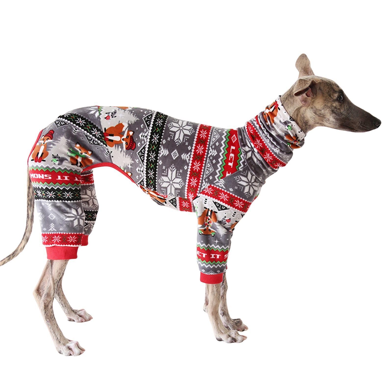 Lightweight Italian Greyhound Jumper，Turtleneck Whippet Four-Legs Cotton Pajamas Soft Dog Onesie Loungewear Dogs Jumpsuit, Red Christmas_XXL
