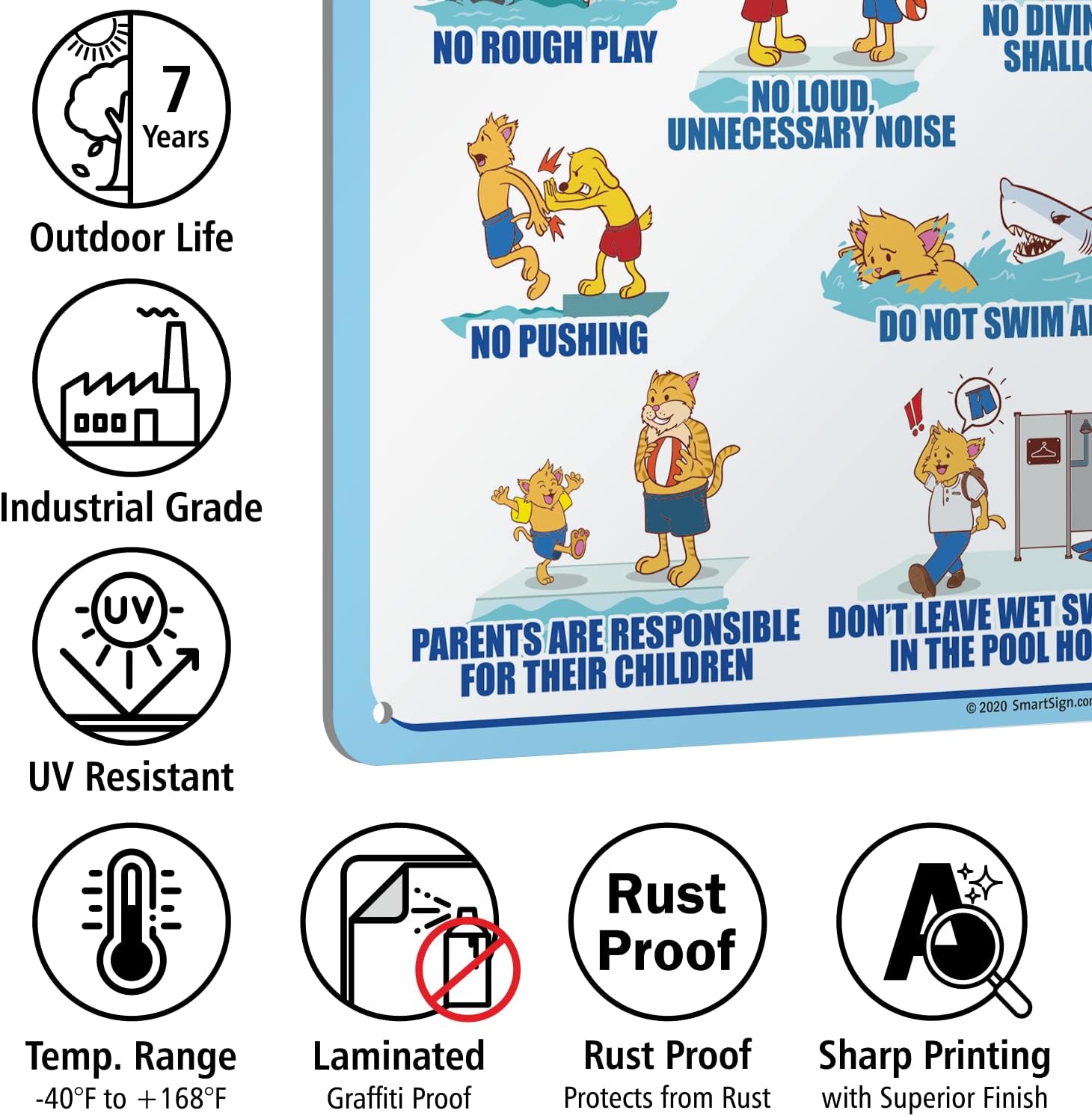 SmartSign 14 x 10 inch “Our Pool Rules - No Running, No Glass In Pool Area, No Rough Play…” Metal Sign, 40 mil Laminated Rustproof Aluminum, Multicolor