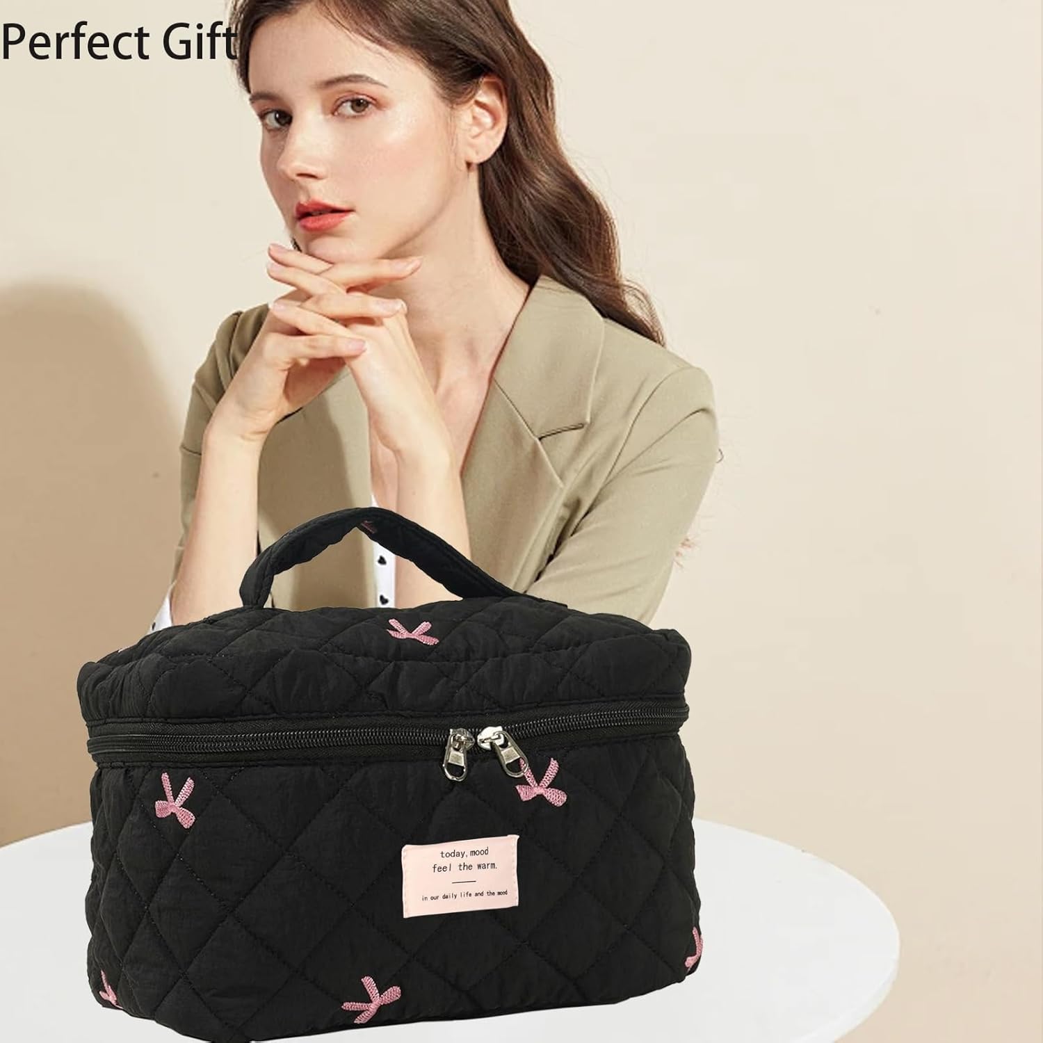 Quilted Makeup Bag Large Cosmetic Bags for Women Girls,Floral Coquette Aesthetic Travel Toiletry Bag,Black Make Up Organizer Bag - Image 6