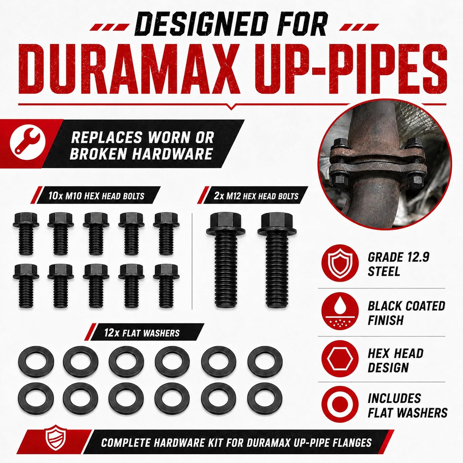 Up Pipe Bolt Set Compatible with 2001-2016 Chevy Silverado GMC Sierra 2500 3500 6.6L Duramax Diesel LB7 LLY LBZ LMM LML, 12PCS Hex Head Exhaust Up-Pipe Bolt Kit Replace 116121500