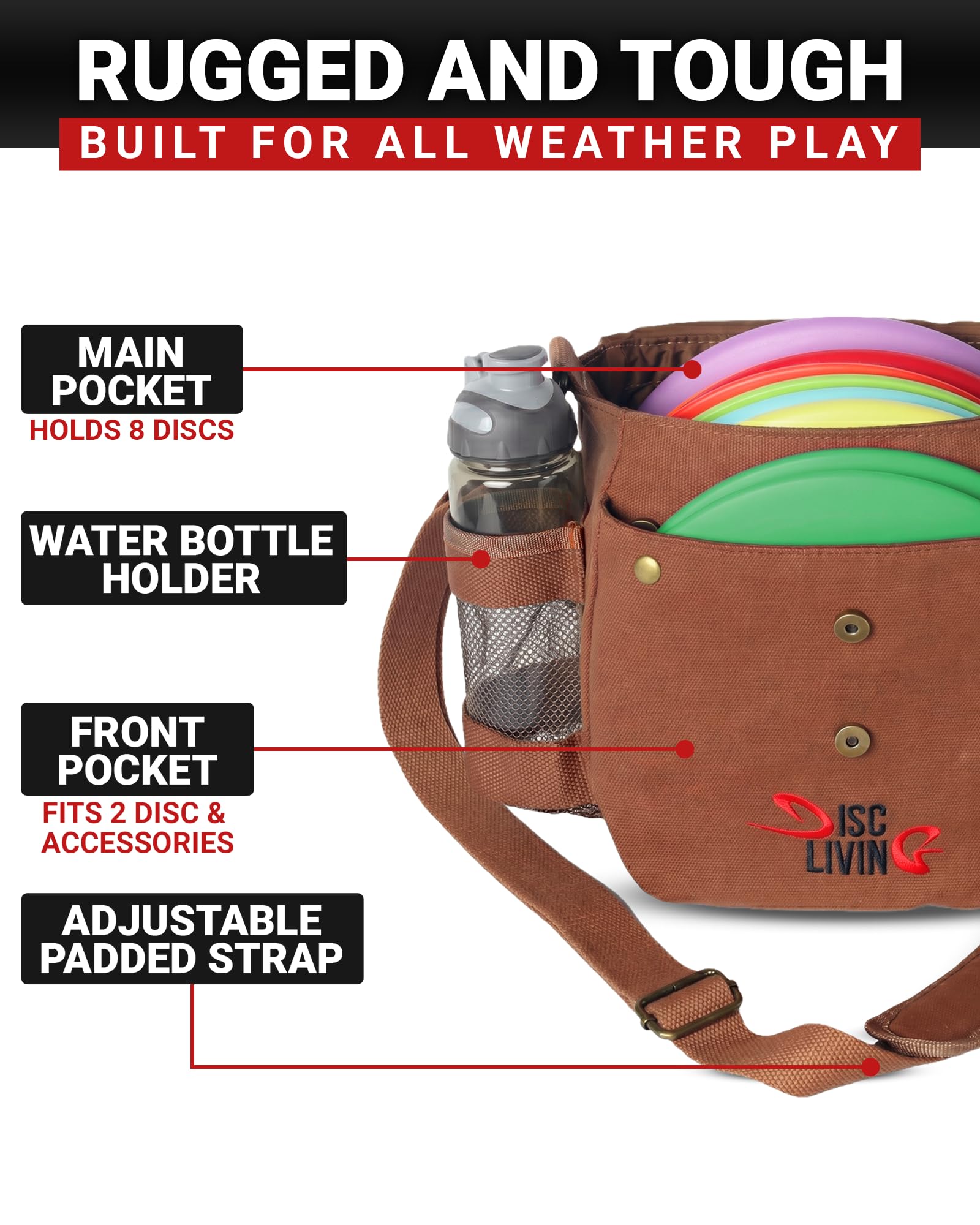 Sacca da golf per dischi, borsa da golf Frisbee, leggera, adatta fino a 10 dischi, cinghia da cintura, imbottitura con tracolla regolabile, design a doppio bottone frontale, tela