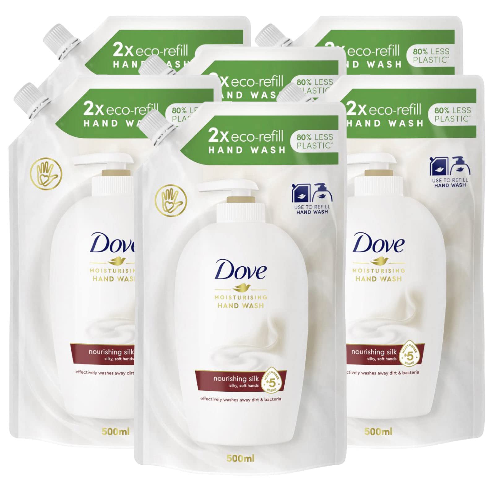 6 recambios ecológicos Dove de seda de alta calidad, hidratante, jabón de manos, piel suave y suave – 6 recambios de 500 ml