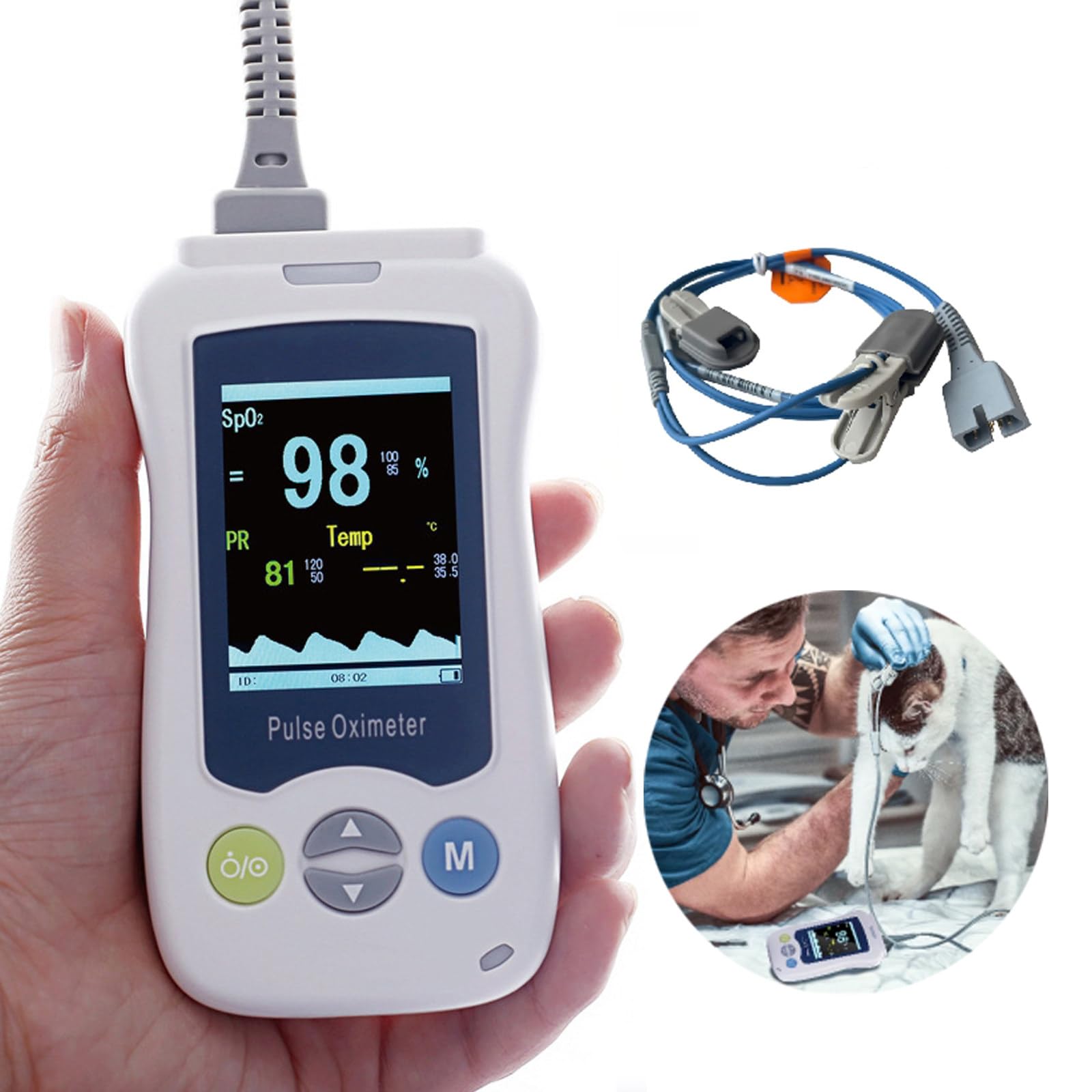 Oxímetro de Pulso Veterinario de Mano Para Gatos Y Perros, Sensor De Spo2 Oídos Y Lengua, Mide Spo2, Frecuencia CardíAca Y Monitoreo De Temperatura, Pulso Para Uso Veterinario