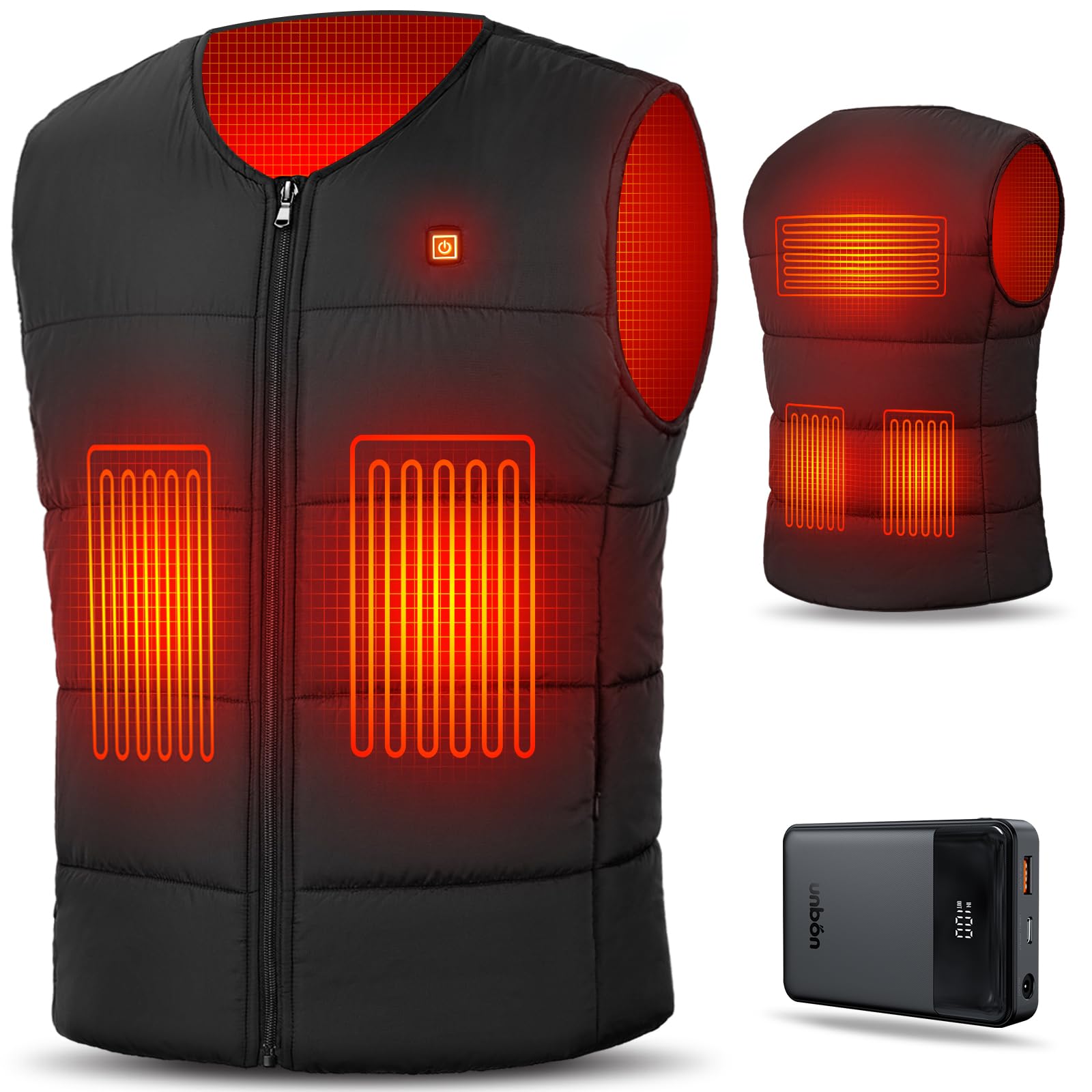 UNBON Gilet Riscaldato, Giubbotto Riscaldato Uomo Donna con Batteria Inclusa 14400mAh USB Elettrico Giacca Riscaldata con 5 Zone di Riscaldamento 3 Temperature per Moto Sport all'Aperto