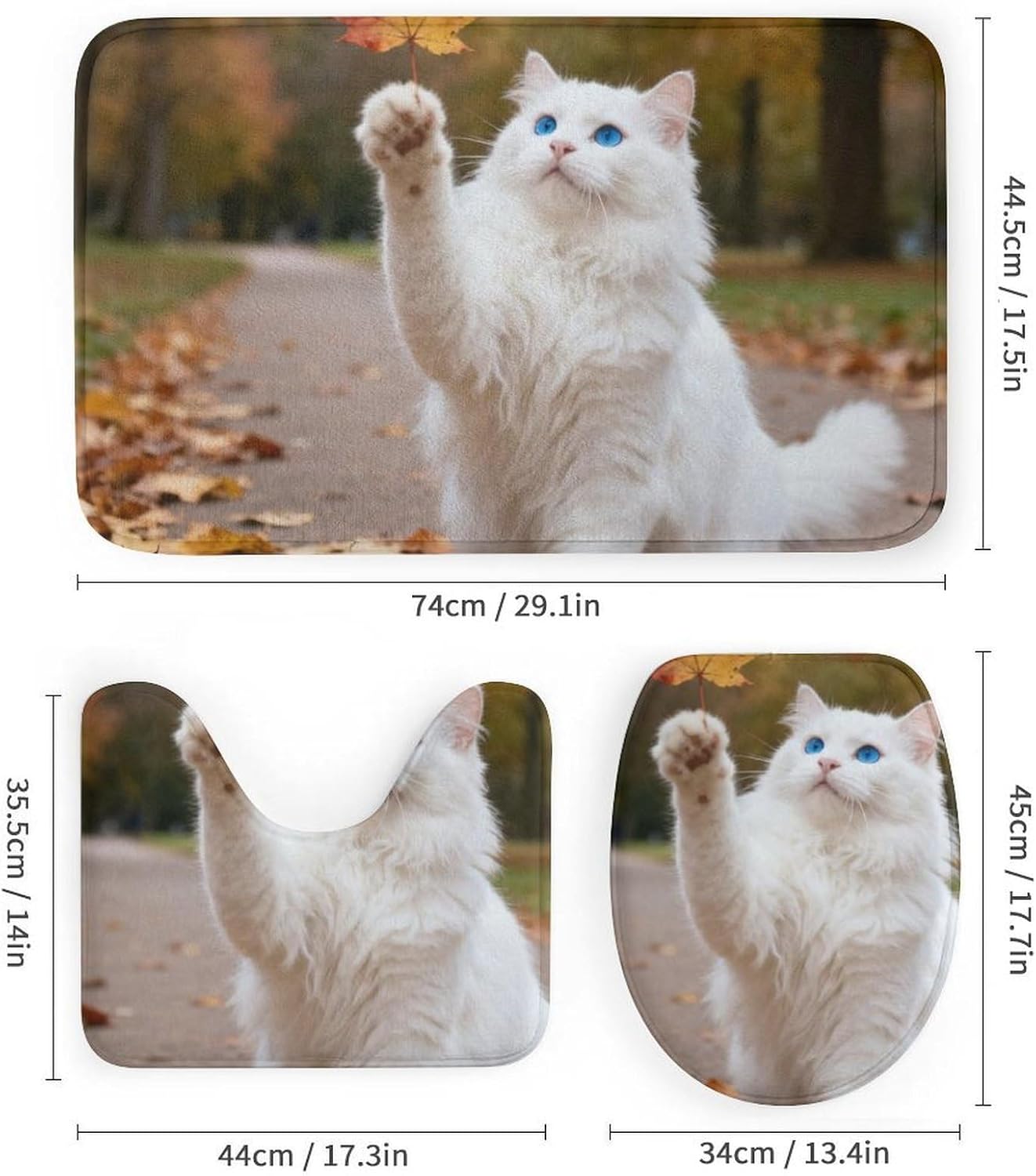 4 Piece Bathroom Rug Set with Shower Curtain, Non-Slip Bath Mat Toilet Cover Set, Playing Cat Bathroom Rug Sets