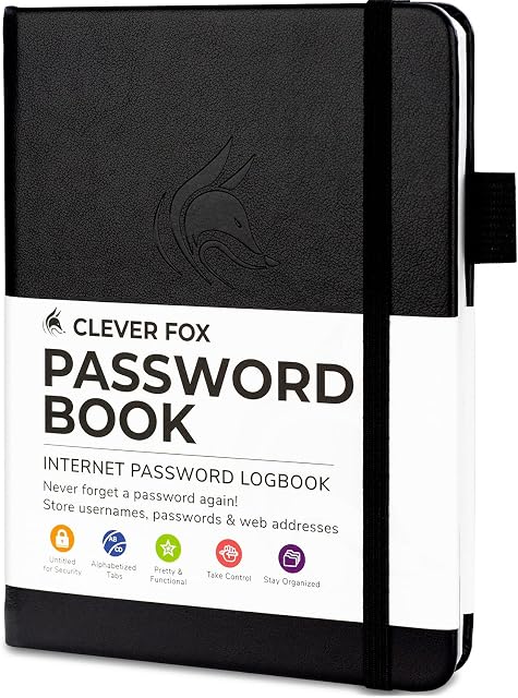 Clever Fox Password Book with tabs. Internet Address and Password Organizer Logbook with Alphabetical tabs. Small Pocket Size Password Keeper Journal Notebook for Computer & Website Logins (Black)