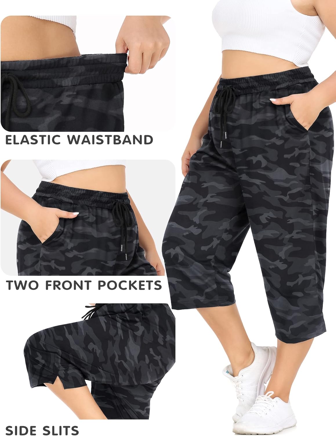 COOTRY Plus Size Capris for Women Loose Drawstring Yoga Workout Sweat Pants with Pockets - Image 4