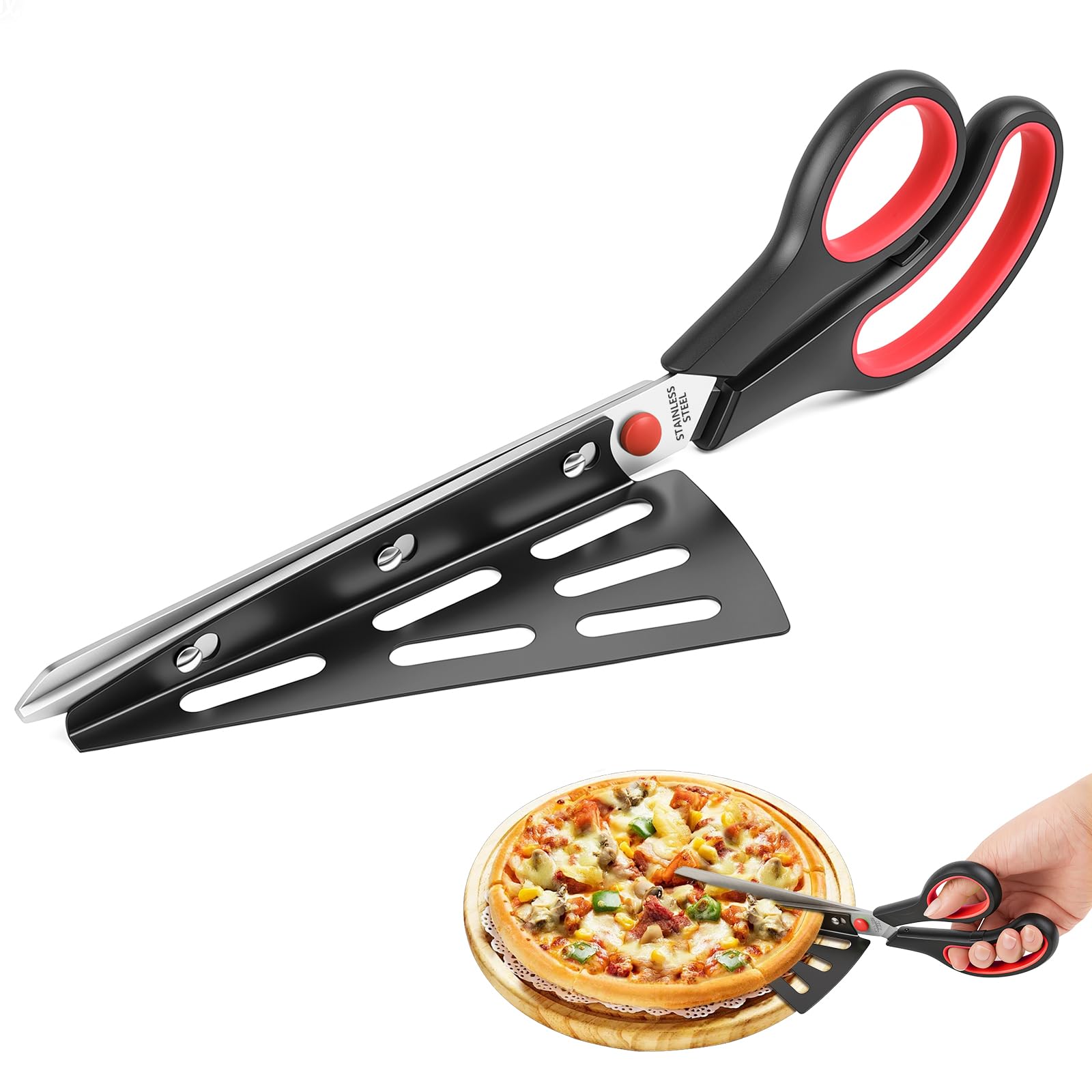 Vicloon Nożyczki do pizzy, krajalnica do żywności i serwer do pizzy, nóż do pizzy z ostrym ostrzem ze stali nierdzewnej klasy spożywczej, wielofunkcyjne nożyczki kuchenne, czerwone