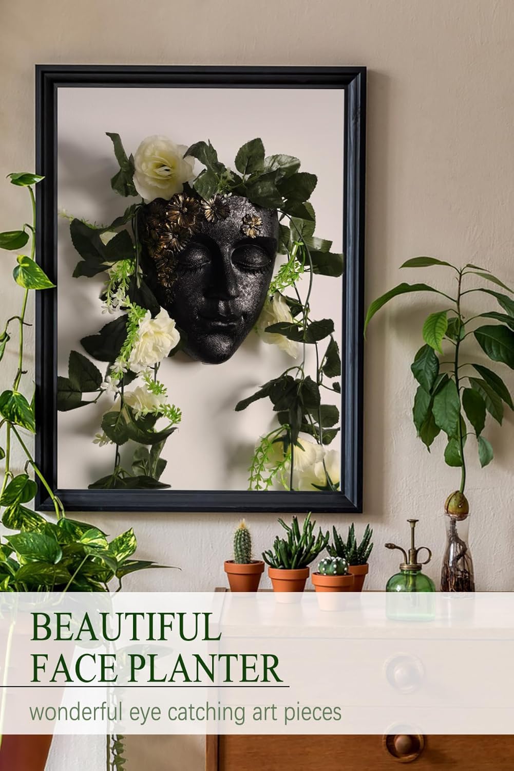 Face Shape Wall Planter Elegant Black Resin Wall-Mounted Head Pot with Drainage Hole Unique Small Vase Holder for Flower,Succulents, Hanging Plants for Plant Lovers