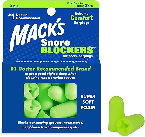 Mack's Tapones para los oídos de espuma suave, 5 pares 32 dB de alto NRR, 37 dB SNR Tapones cómodos para los oídos para dormir, ronquidos, ruido