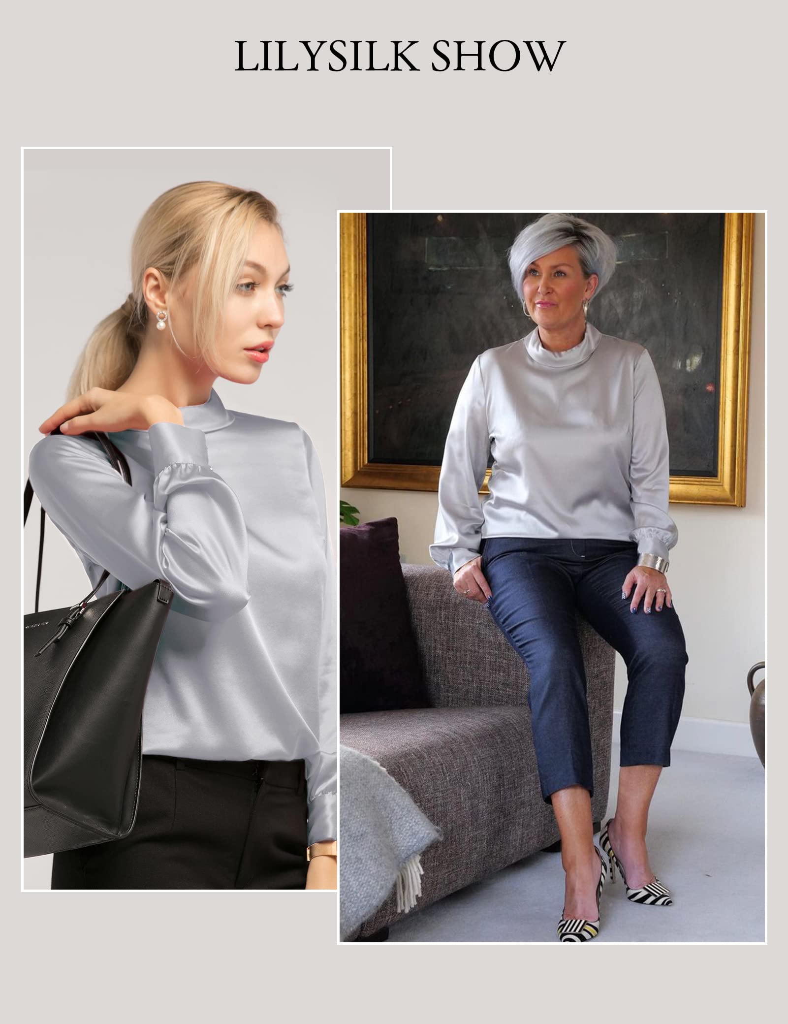 LilySilk Frauen Seidenbluse Damenhemd Stehkragen Langarmshirt Schlichte Damenbluse für Arbeit oder Freizeit