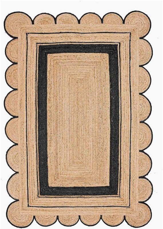 ArtisanRugHub Natural Jute Scalloped Rug Bohemian Rug Decor Rug Handwoven Rug Custom Rug Decorative Rug (1BLK-3x5)