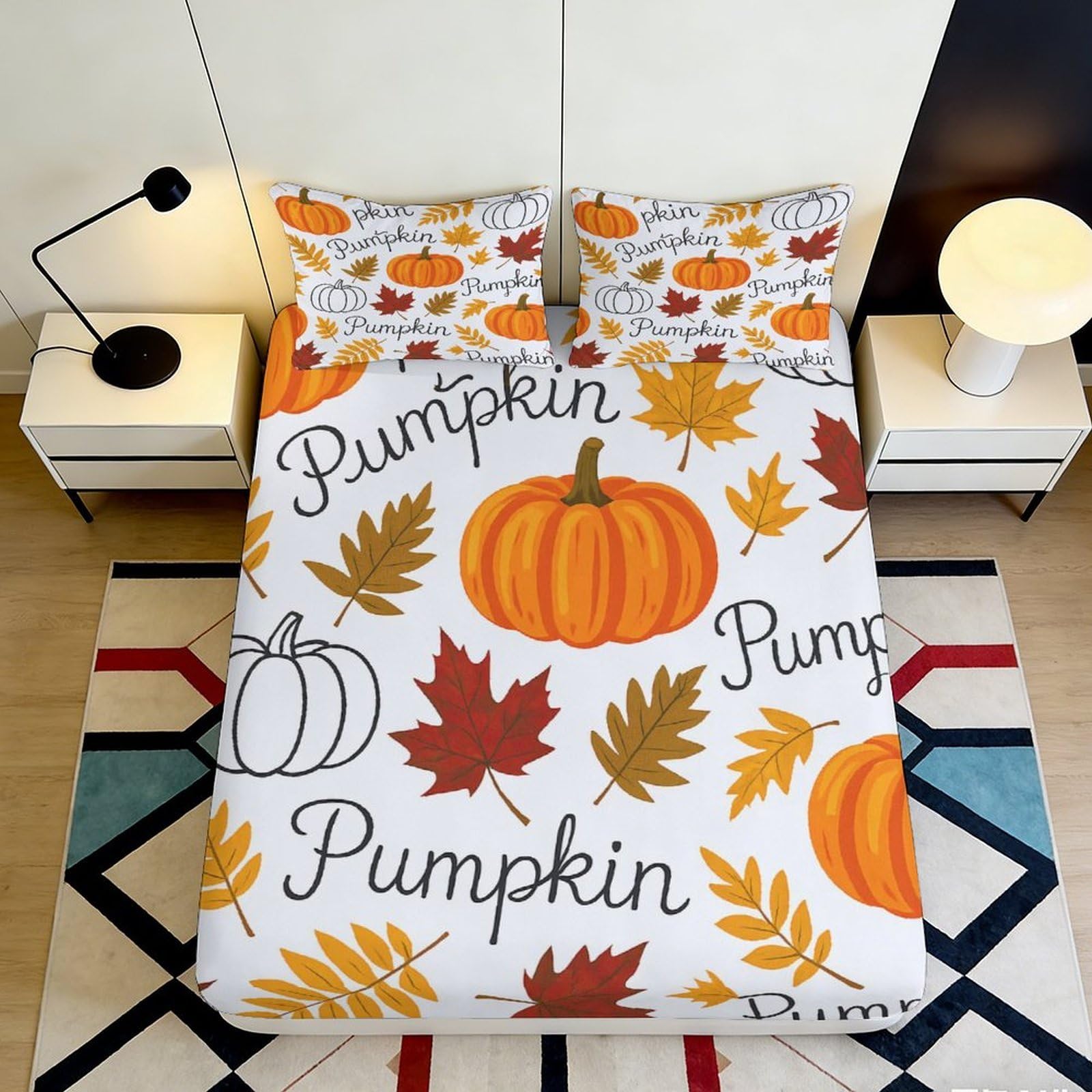 Pnayamiorkfel Style-3 3D Printed Pumpkin Autumn Leaves Fitted Sheet Microfiber Soft Orange Maple Bed Cover For Bedroom Guest Room Decor 90X200x25cm