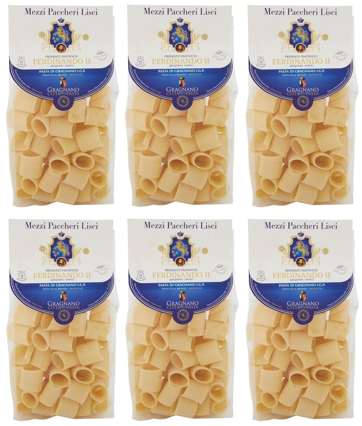 Pastificio Ferdinando II Mezzi Paccheri Lisci Pasta di Gragnano I.G.P. Lot de 6 pâtes à la semoule de blé dur, 500 g