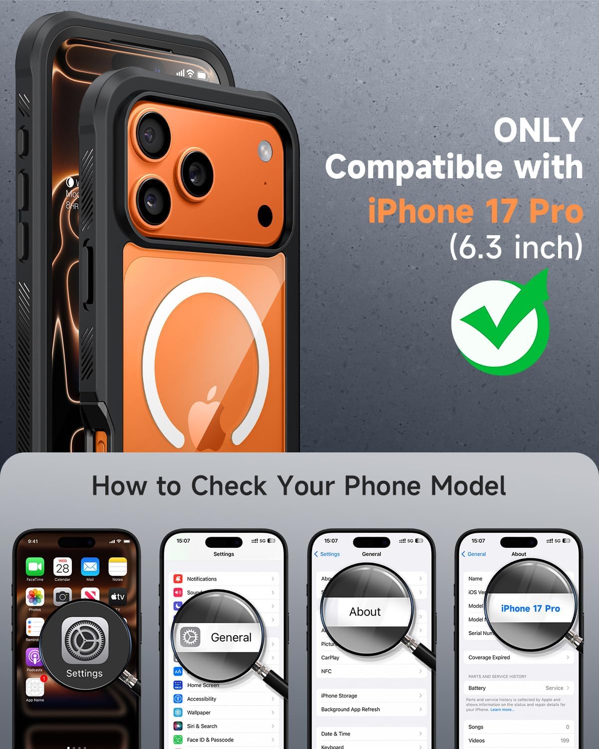 seacosmo for iPhone 17 Pro Case, Full Body Bumper with Built-in 9H Tempered Glass Screen and Camera Lens Protector, Compatible with MagSafe, Shockproof 17 Pro Phone Case, 6.3", Black - Image 4