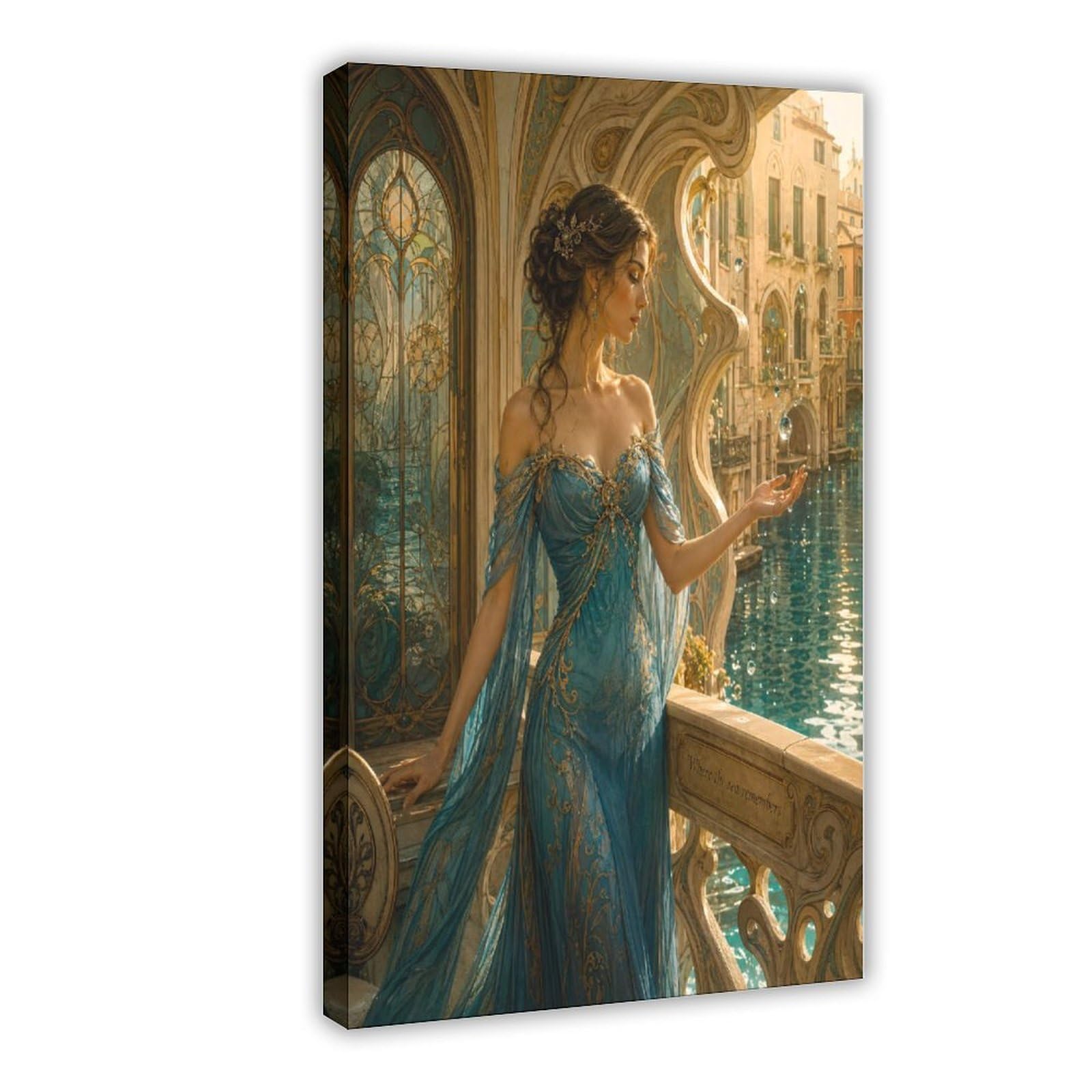 W7c8u2x3 Frame-Style-23 Woman In Blue Dress Canvas Wall Art, Venice Balcony Entryway