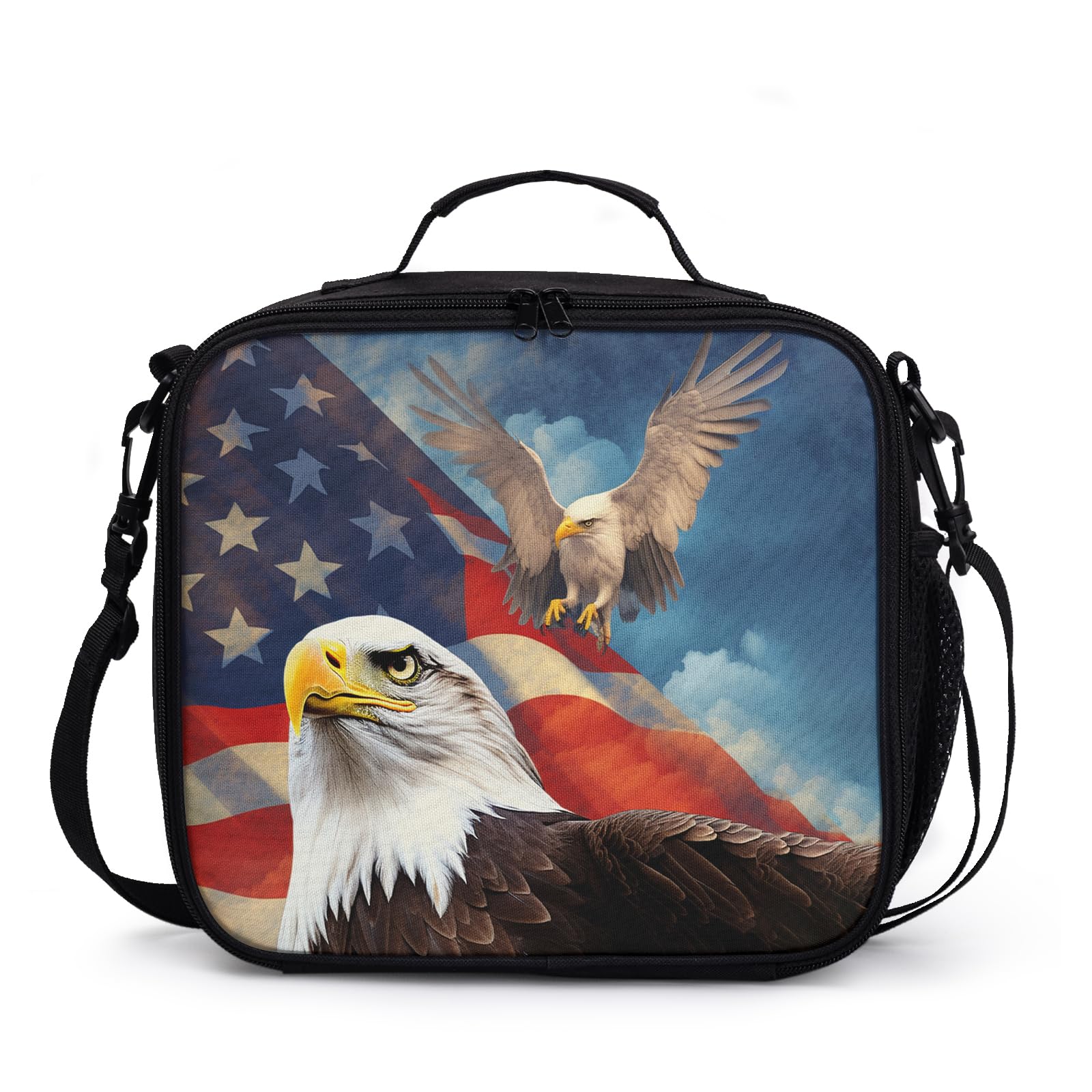 NerxyAmerican Bald Eagle Insulated Lunch Bag USA Flag Thermal Lunch Tote with Adjustable Shoulder Strap Kids Women Men Gift 4th of July Lunchbox Cooler for Work Office Picnic Travel