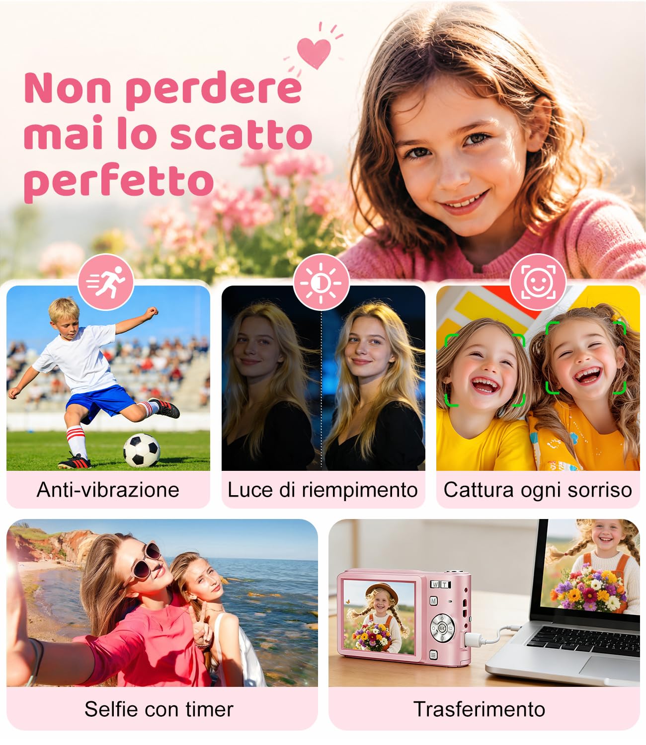 Macchina Fotografica Digitale 50MP 1080P, Autofocus, Schermo 2,4", Zoom Digitale 16X, Anti-Shake, Nero Vlogging Compatta Digital Camera per Ragazzi, Bambini, Studenti e Principianti, Rosa 16GB