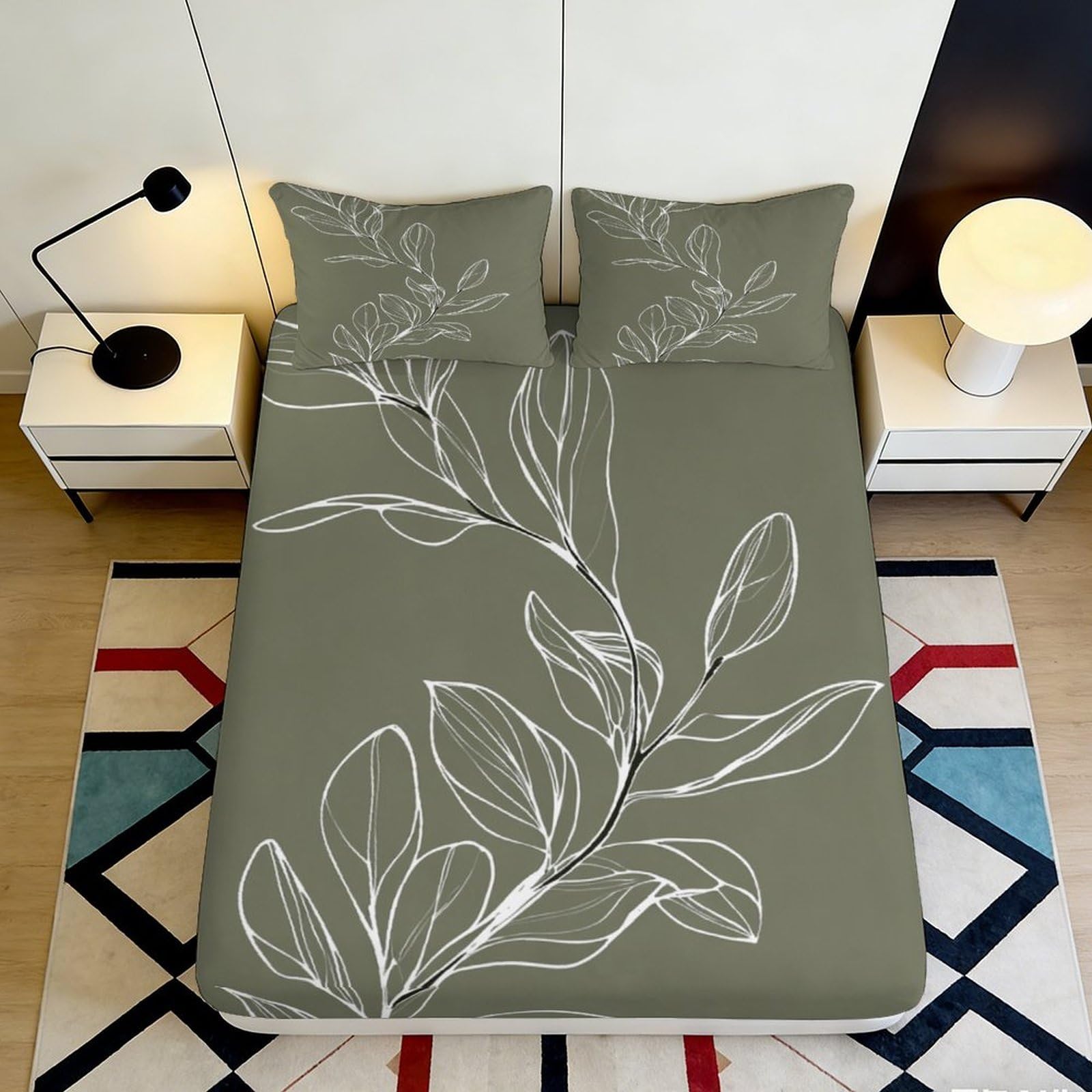 3D Printed Olive Green Botanical Fitted Sheet Microfiber Soft Leaf Art Bed Cover for Bedroom Guest Room Mattress Protection 160x200x25cm