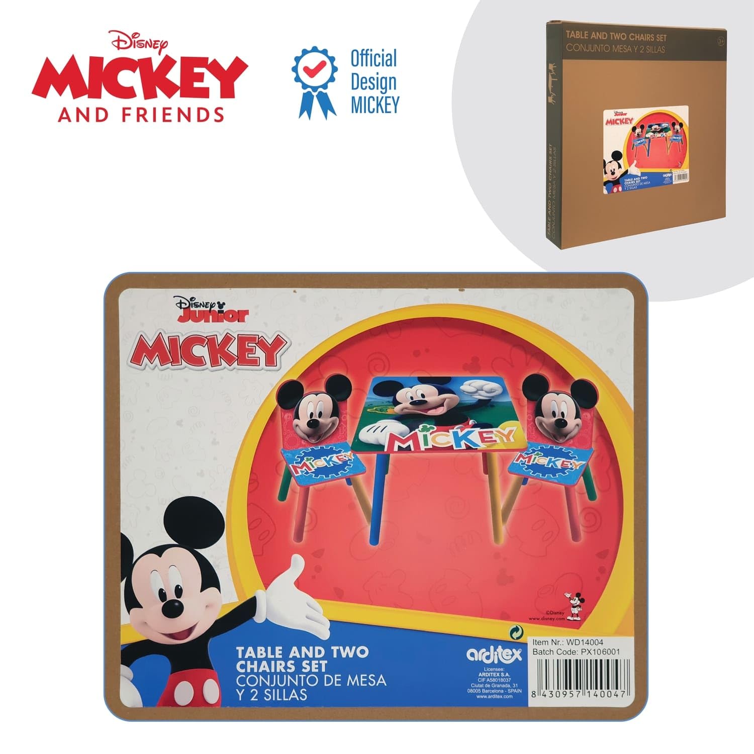 ARDITEX - Set de Mesa y 2 Sillas Infantiles de Madera - 50x50x44 cm y 26,5x26,5x50 cm - Ideal para Jugar, Pintar y Hacer Manualidades - Licencia Oficial Mickey Mouse
