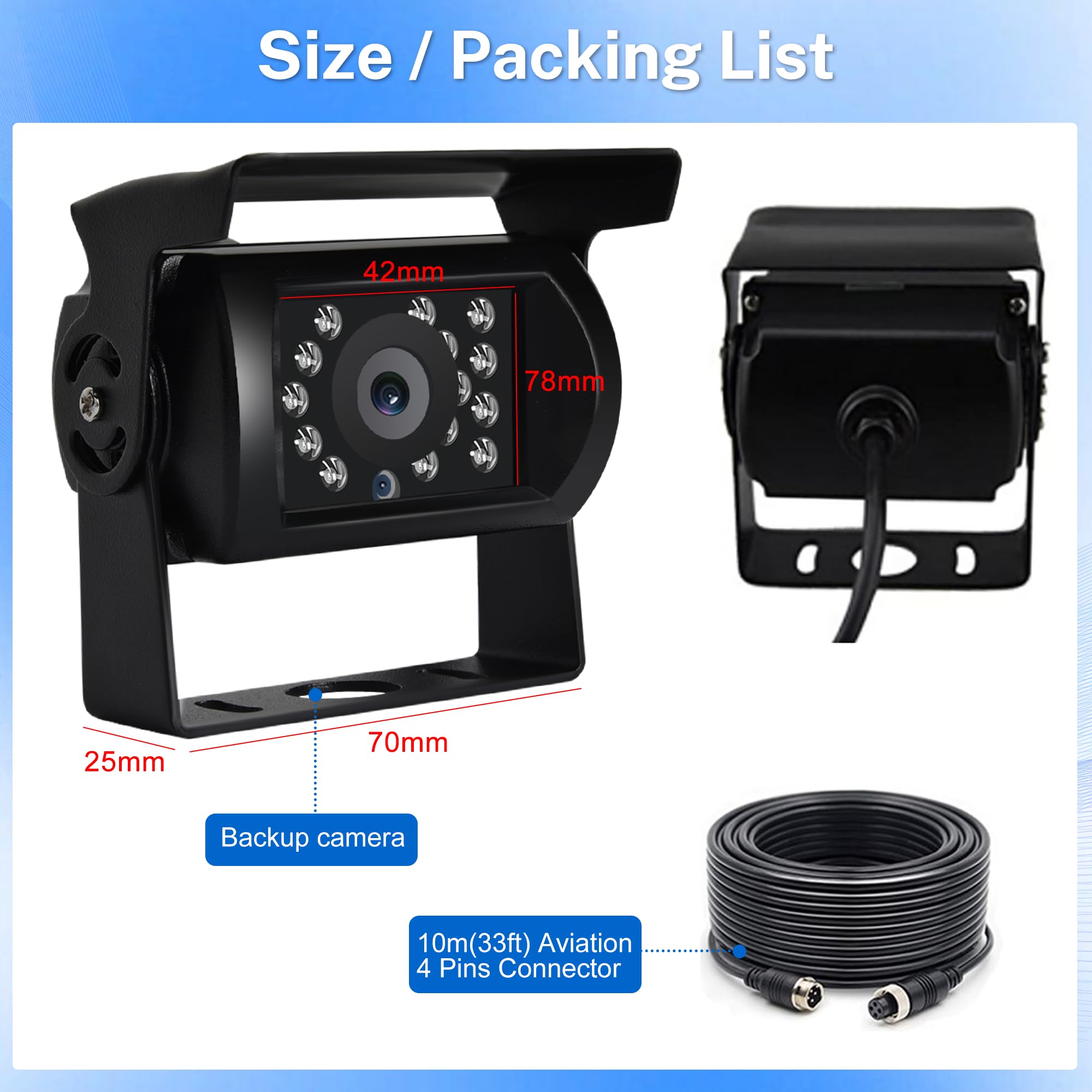 Telecamera Posteriore 4 Pin Aviation Connettore con Linea di Aiuto alla Retromarcia Visione Notturna IP67 Impermeabile Grandangolo con 10m Cavo Telecamera Posteriore per Bus/Furgoni/Camion/Rimorchio