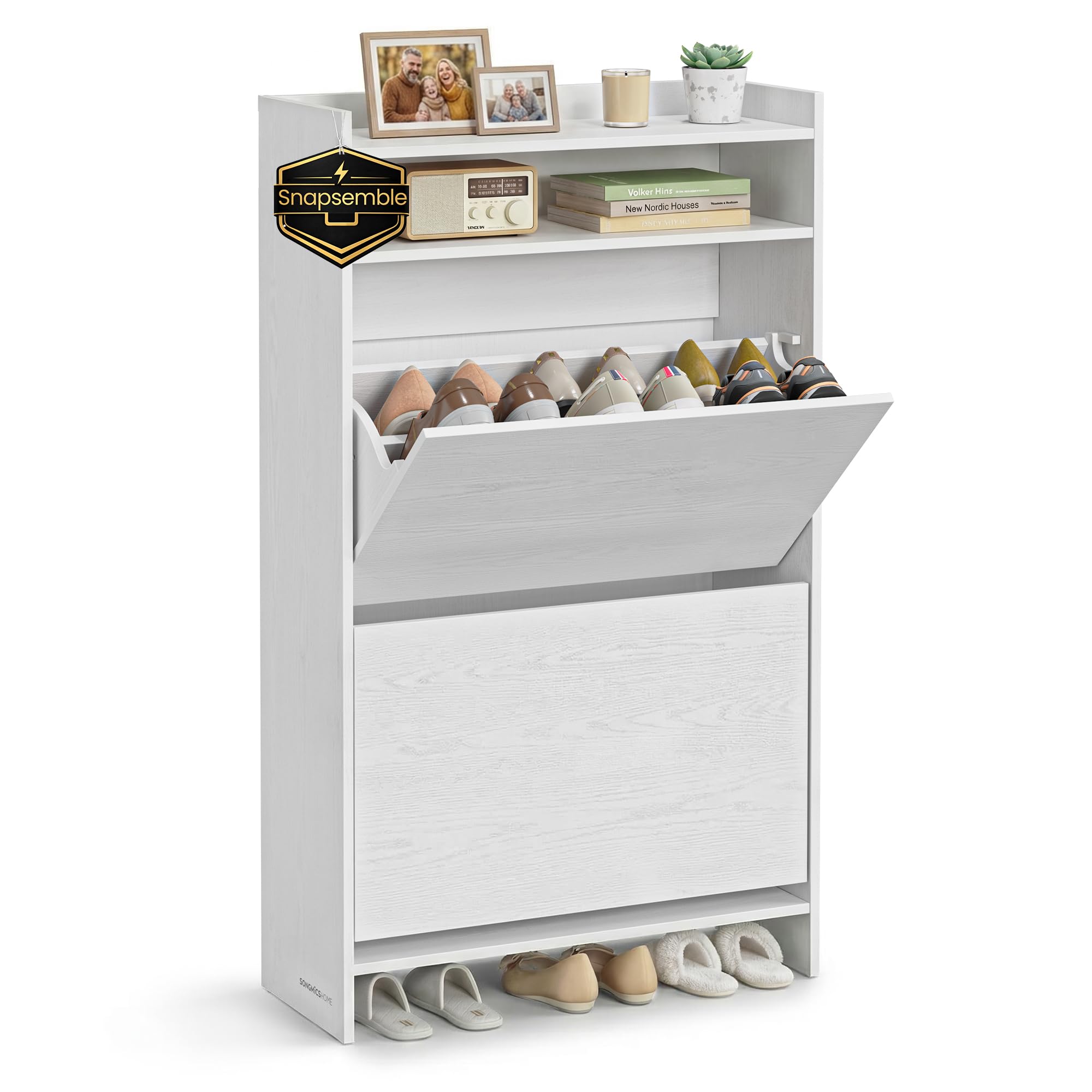 SONGMICS HOME Scarpiera con 2 Ante a Ribalta, Snapsemble Montaggio Rapido, Mobile Porta Scarpe Stretto, Divisori Regolabili, Moderna, Bianco Neve LBC228WE01
