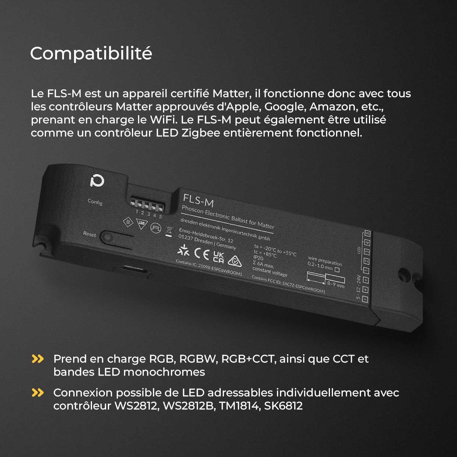 FLS-M - Contrôleur Matter Zigbee pour Bandes LED et LEDs Adressables Individuellement, RGBW, RGB+CCT, Couleur Unique, WS2812B