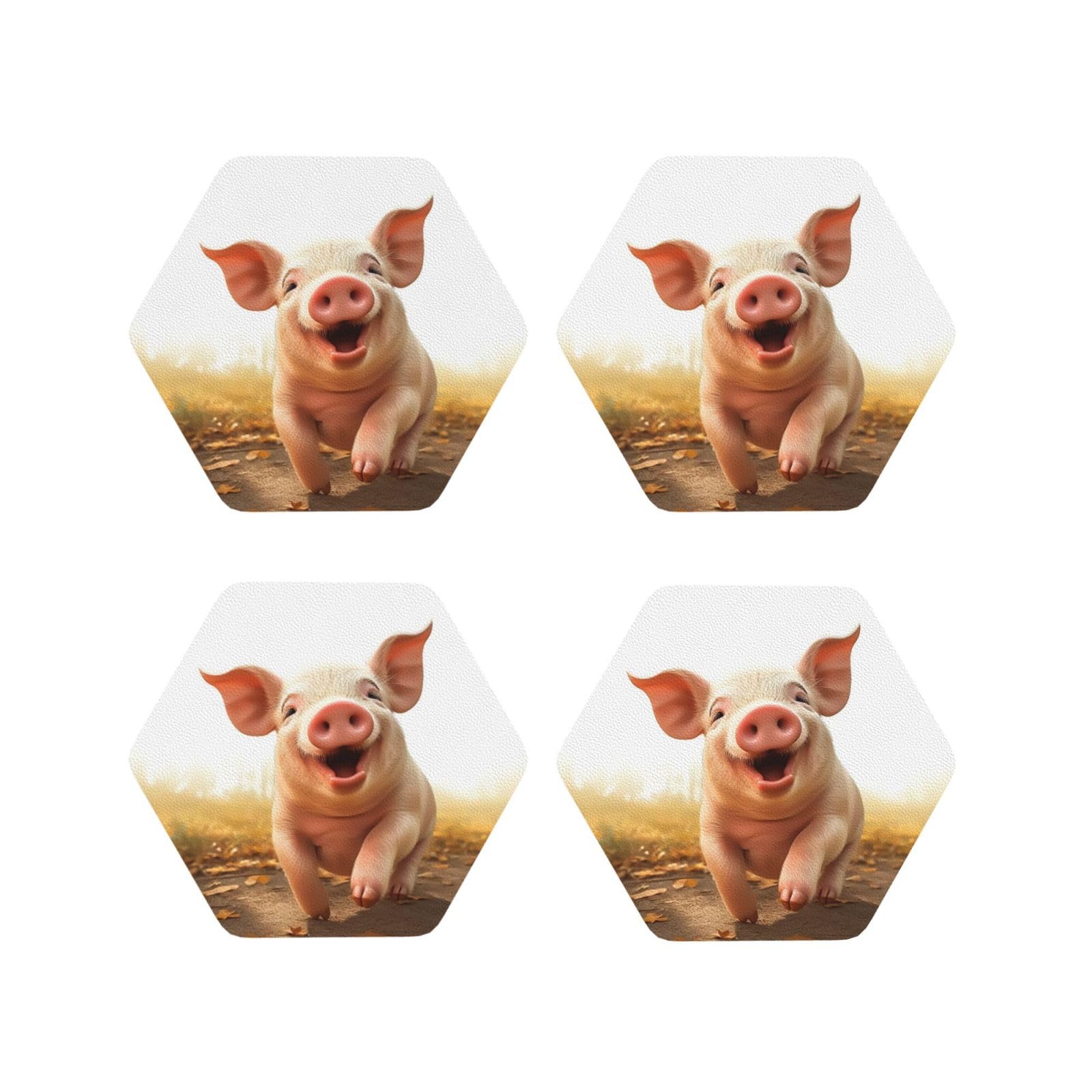 4Pcs PU Leather Coaster for Drinks, Smiling Cup Coastersr 4" Cup Mat Pad, Aesthetic Drink Coasters for Coffee Table, Hexagon Coaster for Tabletop Protection
