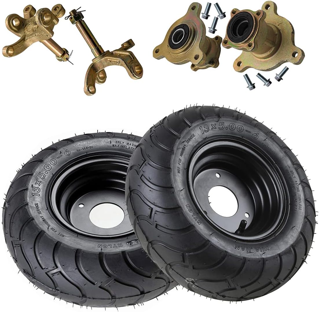 TDPRO Pair 13x5.00-6 Front Wheels Tires with Rim and Disc Brake Wheel Rim Hub & Steering Knuckle for Go Kart Quad Trike Golf Carts 4 Wheelers