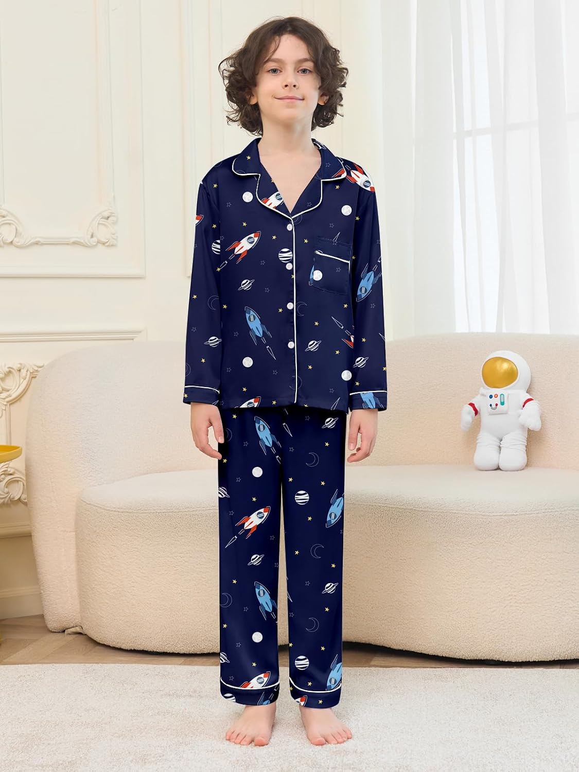 Umeyda Boys Silk Pajamas Sets Long Sleeve Sleepwear 2 Piece Pjs Set