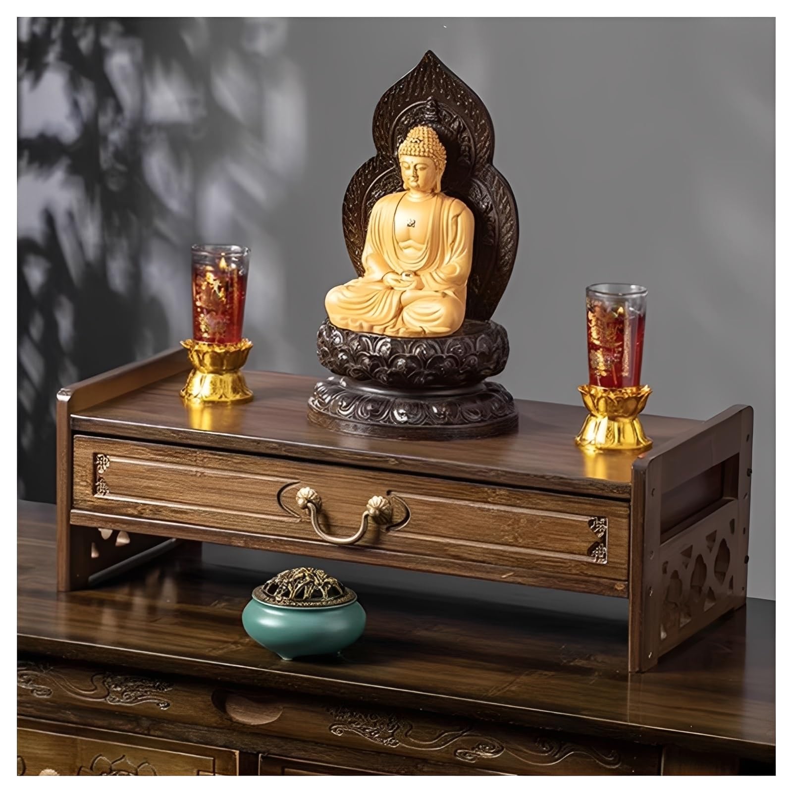 Table d'autel bouddhiste en bambou avec tiroir de 52cm pour sanctuaire de maison