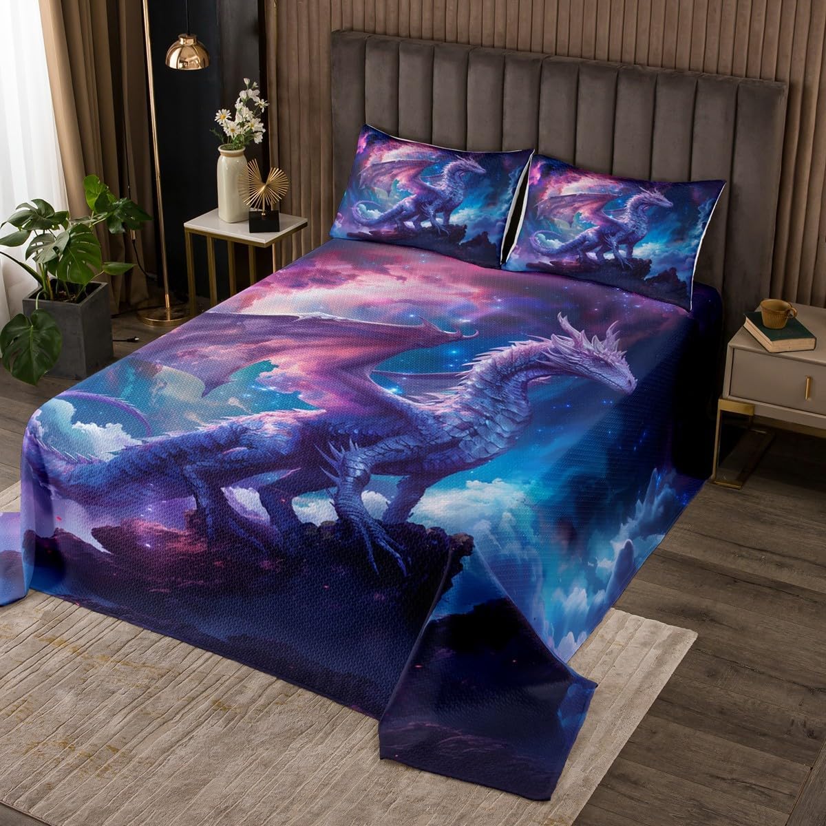 Homewish Purple Dragon Bedspread Queen Size,Galaxy Nebula Dragon Bedding Set for Kids Boys Girls Room Decor,Glitter Star Magical Animal Quilt 3Pcs,Western Dragon Trippy Coverlet Set,2 Pillowcases