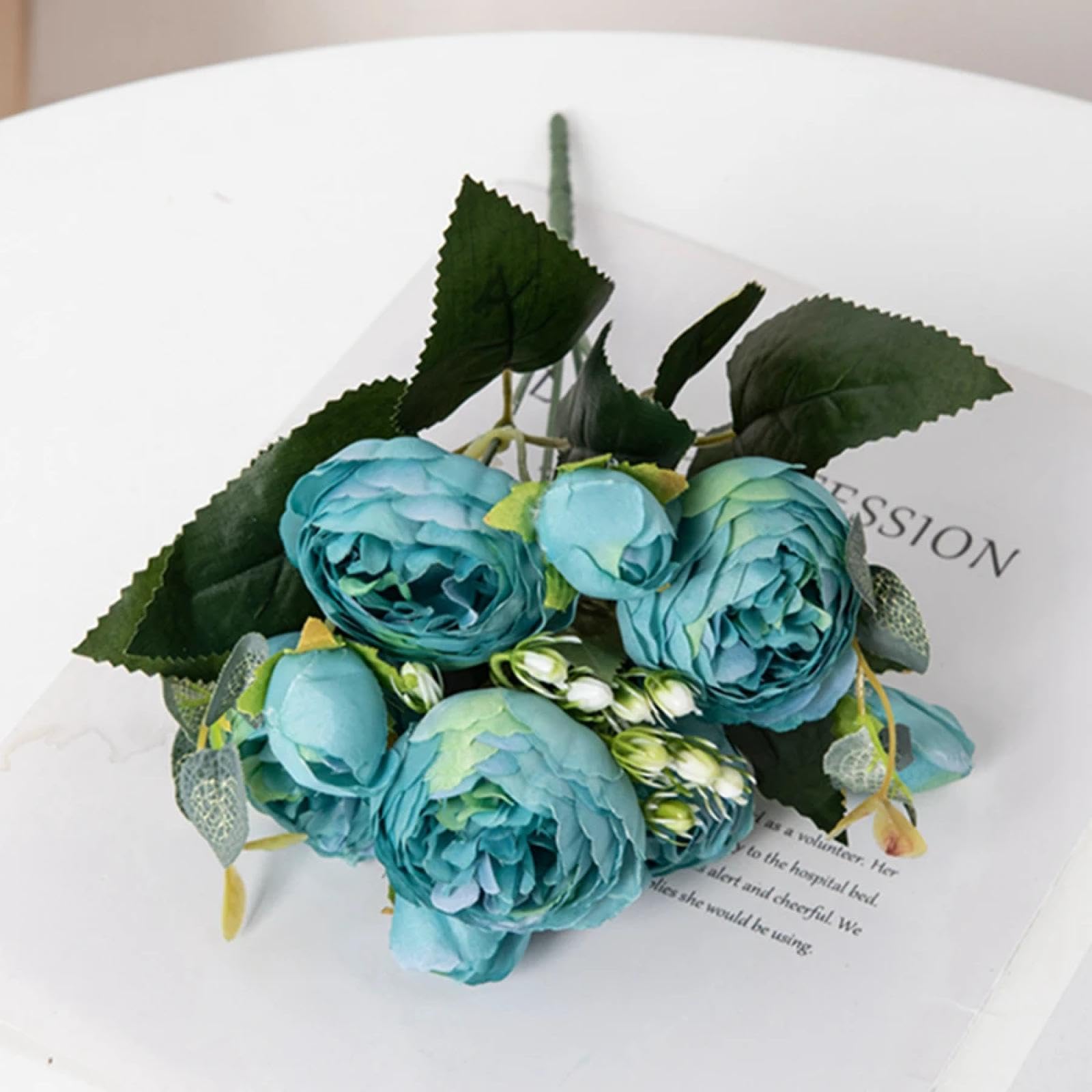 Bouquet de pivoines artificielles bleu en soie de 30 cm pour décoration de vase intérieur