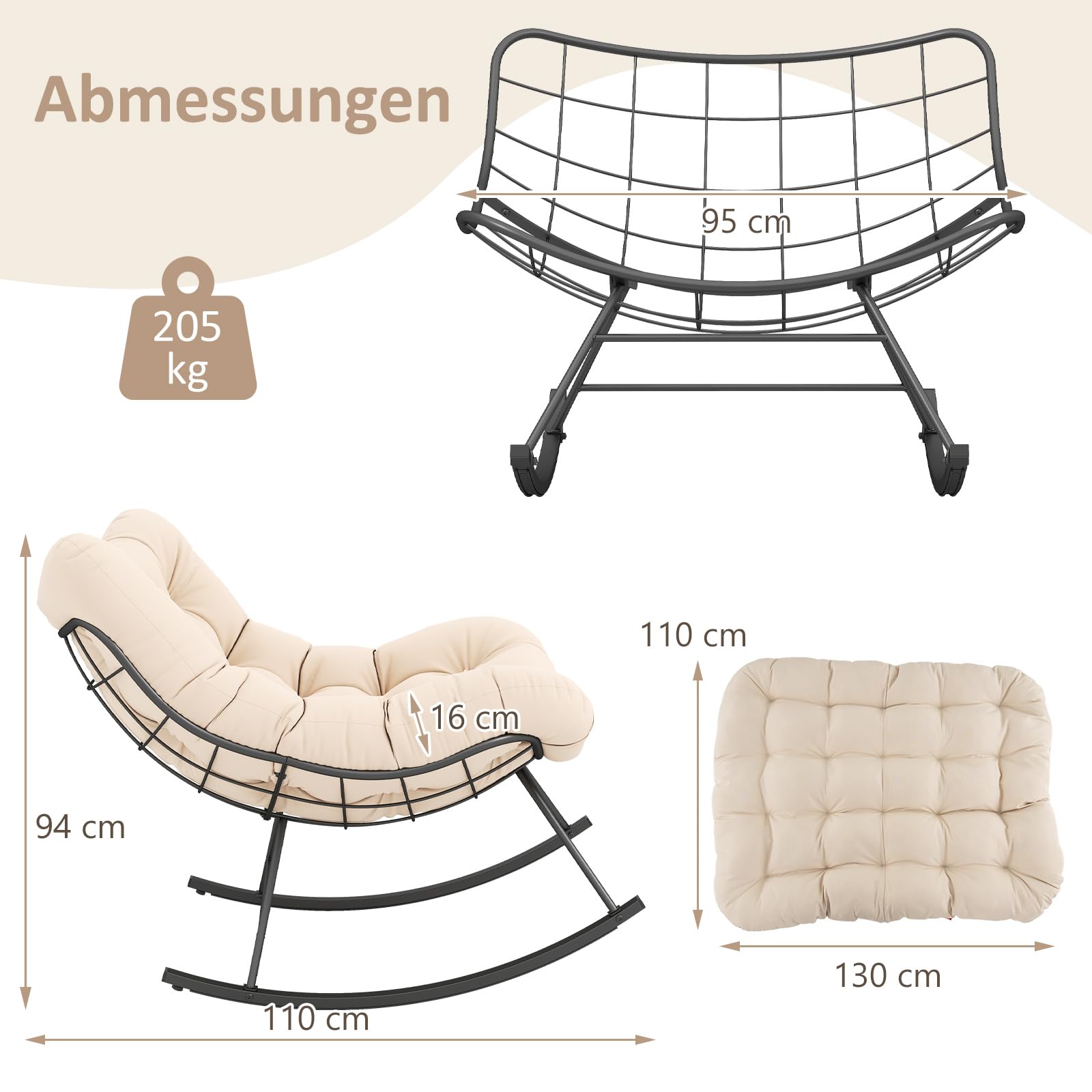 RELAX4LIFE Mecedora, sillón balancín con cojín acolchado y marco de metal, silla de relax soporta hasta 205 kg, silla mecedora extragrande para jardín, dormitorio, salón, 110 x 95 x 94 cm (beige)