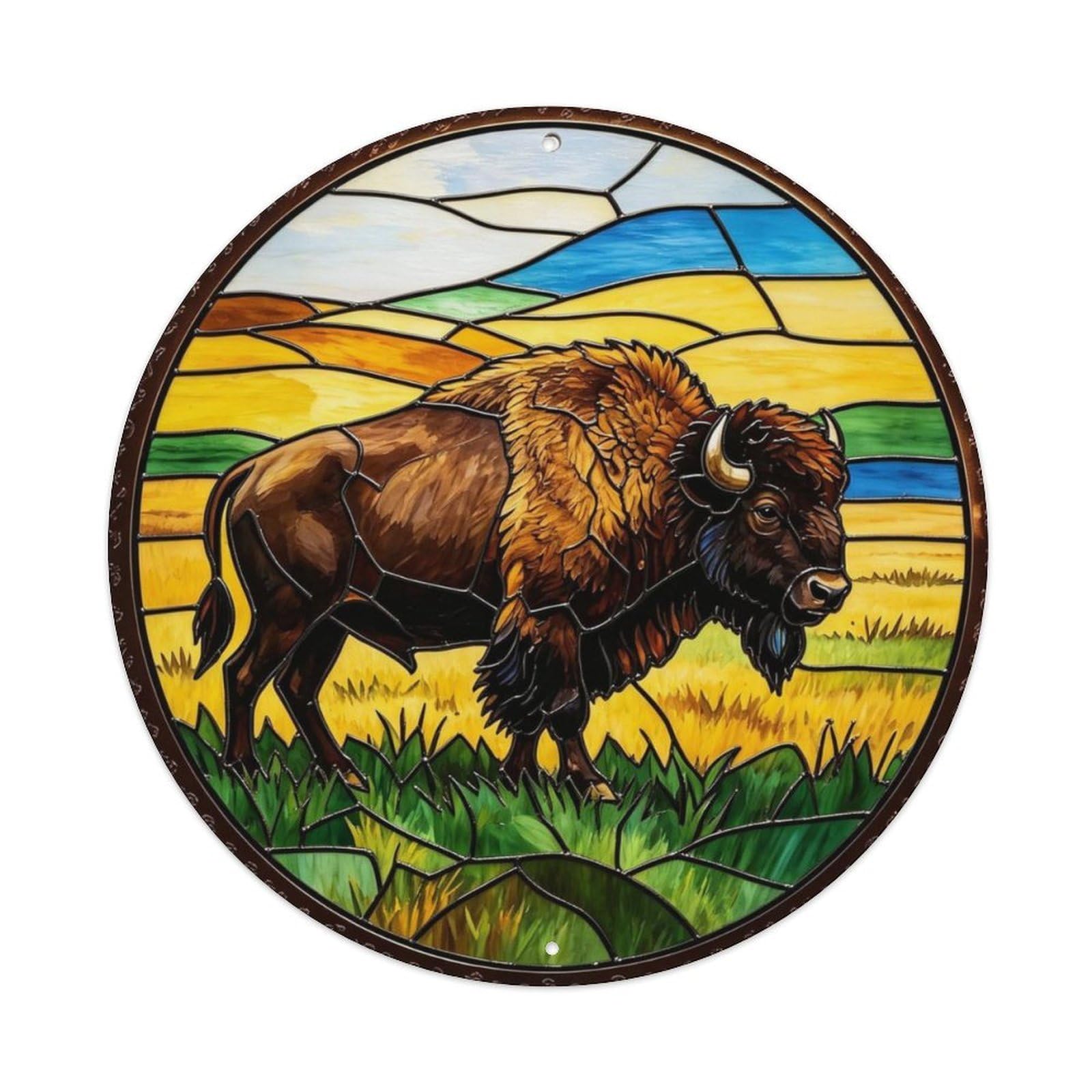 American Western Buffalo Prairie Stained Glass Metal Tin Sign Plaque