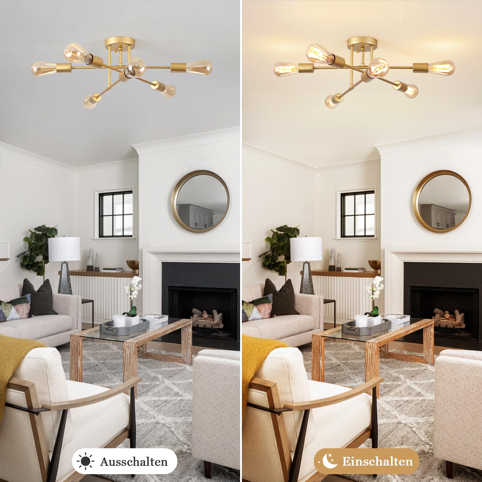 6-flammige Gold Sputnik Deckenlampe, Metall Modern E27 Wohnzimmer | Offene Konstruktion Reduziert Schattenbildung, Dimmbar Deckenleuchte Schlafzimmer, 220V, Max 60W, für Küche, Flur, Essbereich