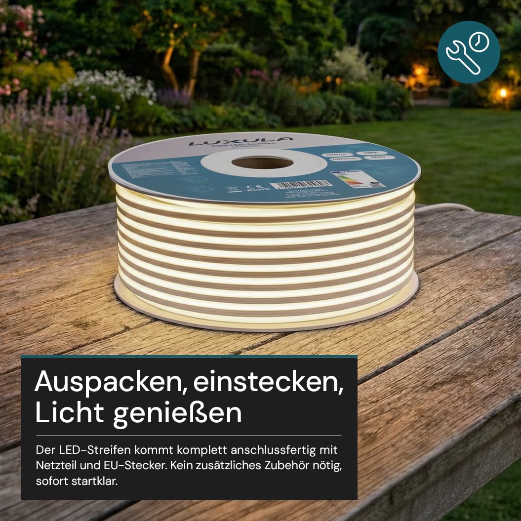 LUXULA COB LED Streifen 25 m 5000K Neutralweiß - mit Stecker, LED Streifen ohne Punkte, selbstklebend, 220V IP65, 288 LED/m, 700 lm/m, 10 W/m, kürzbar 50 cm, erweiterbar bis 70 m, Innen und Außen